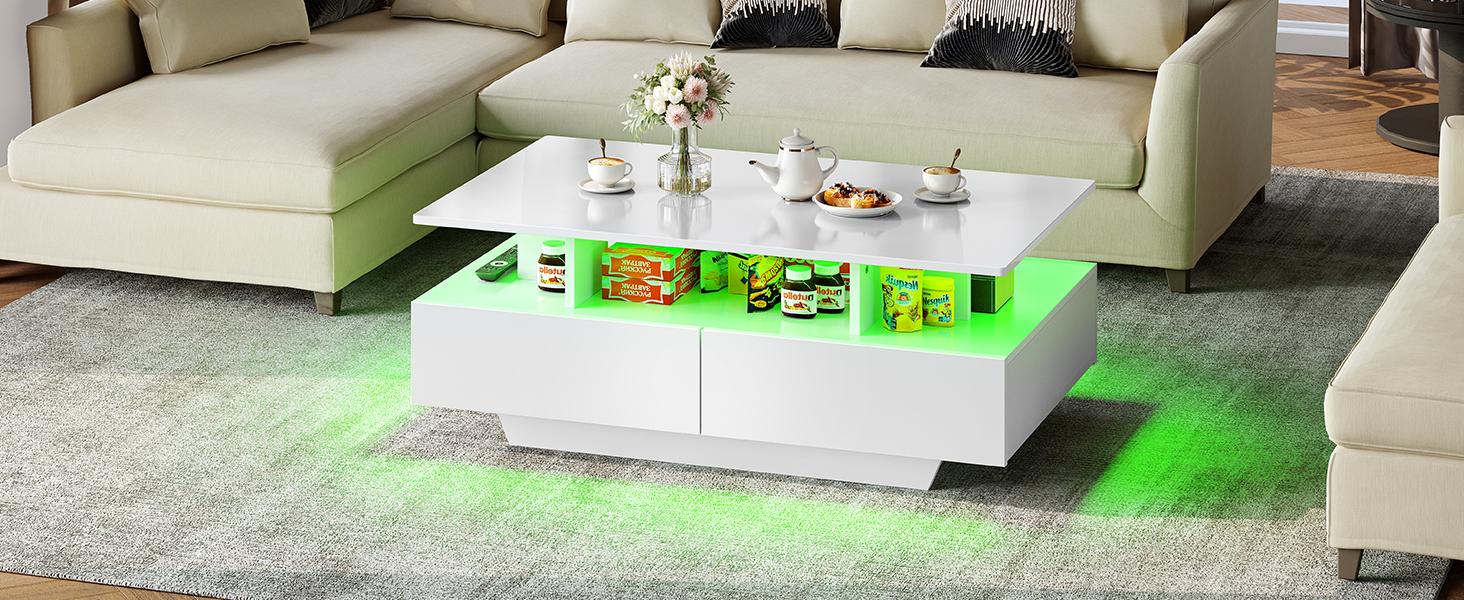 DWVO LED Coffee Table with Storage, High Glossy LED Coffee Tables for Living Room, Small Center Table with Open Display Shelf & Sliding Drawers