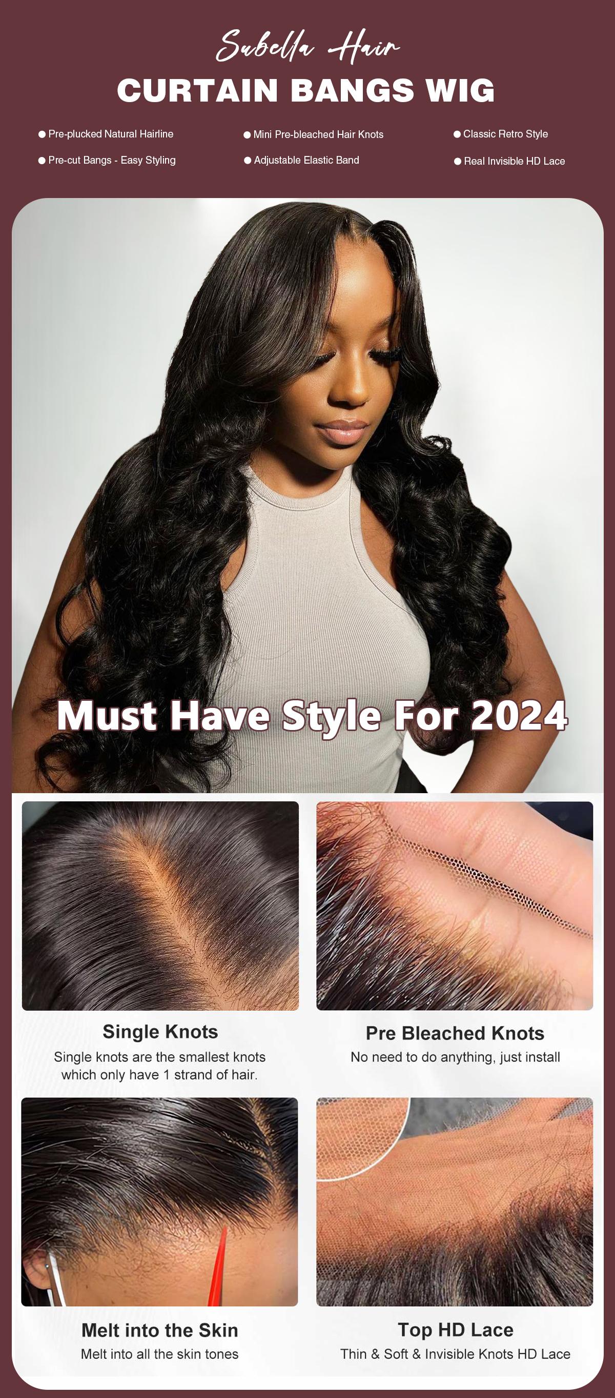 Subella Curtain Bangs Wig Chic Retro HD Lace Pre Plucked Pre Bleached Body Wave Human Hair Wigs