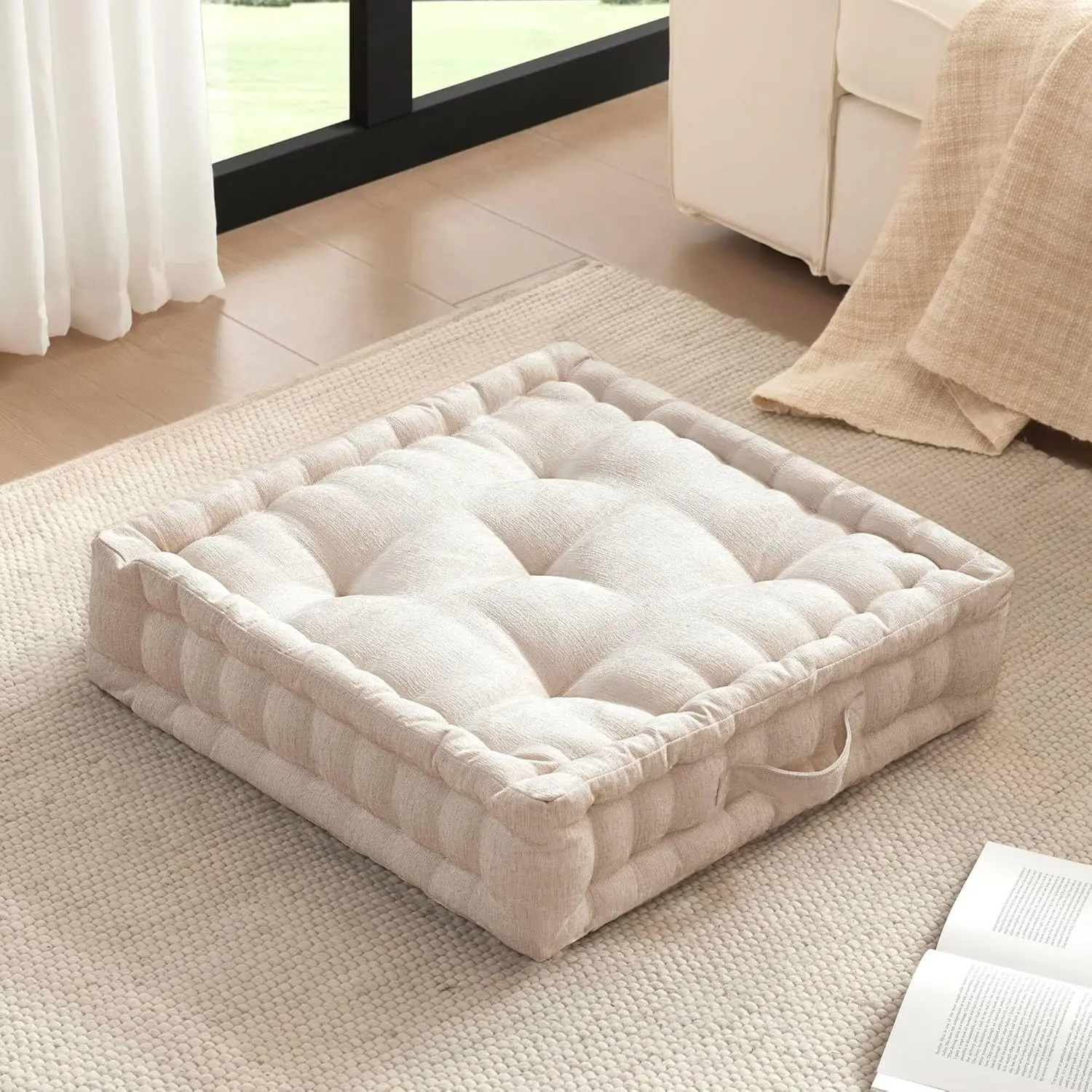 Intelligent Design Large Floor Pillow for Adults Yoga or Meditation Cushion with Handle, Floor Cushion for Board Games, Lustrous Chenille Tufted, Handsewn Scalloped Edge, 24" x 24" x 5" Ivory