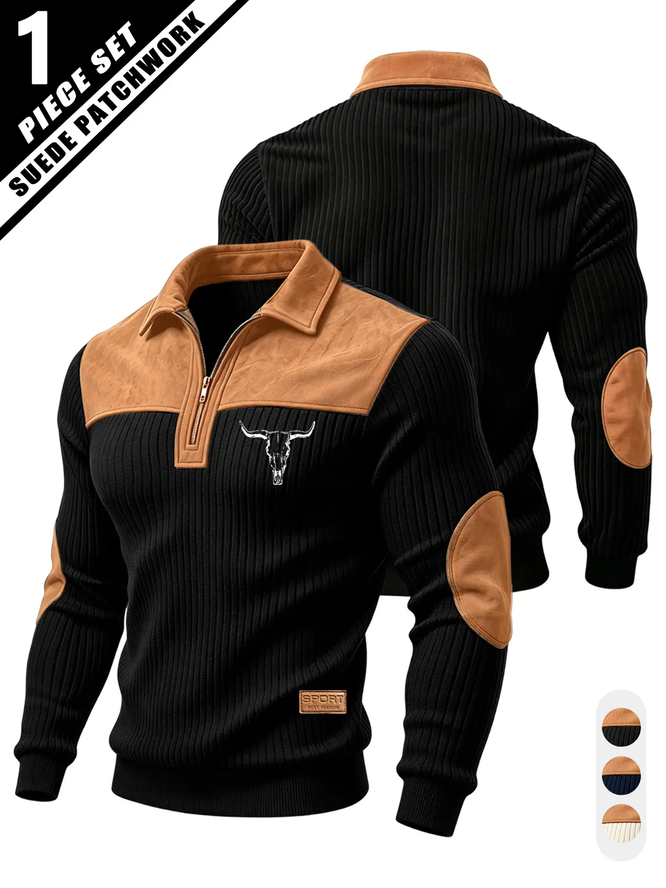 Men's Suede Patchwork Half-Zip Collar Knit Sweater, Bull Skull Print Elbow Patches, American Vintage Casual Fitted Long Sleeve Top, Knitwear
