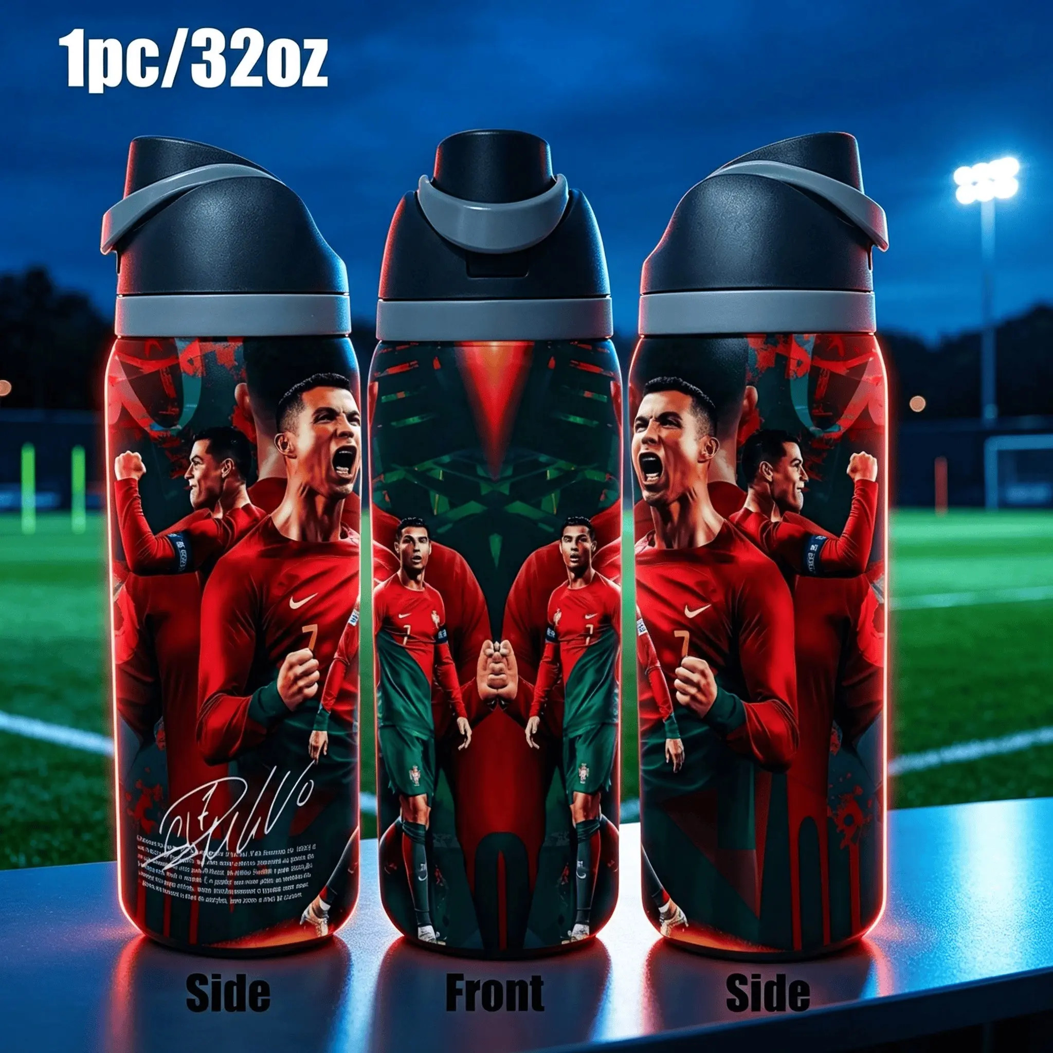 1pc 30/32oz Sports Insulated Travel Tumbler, Stainless Steel Water Bottle With handle, Ronaldo Portugal Football Art Full‑wrap Print, Leak‑Proof Reusable Drinkware, Large-capacity vehicle-mounted cup，Ideal For Training Camping, Football‑Fan Season Gift