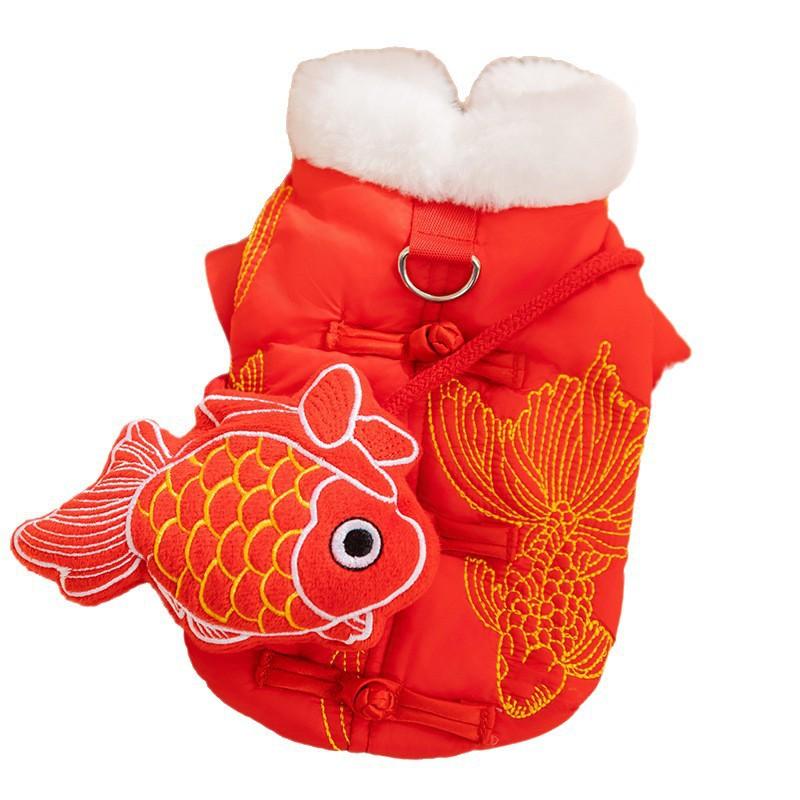 Fish Leaping Dragon Gate Tang Style Vest Cotton Coat Autumn Winter Fleece Lined for Small Medium Dogs