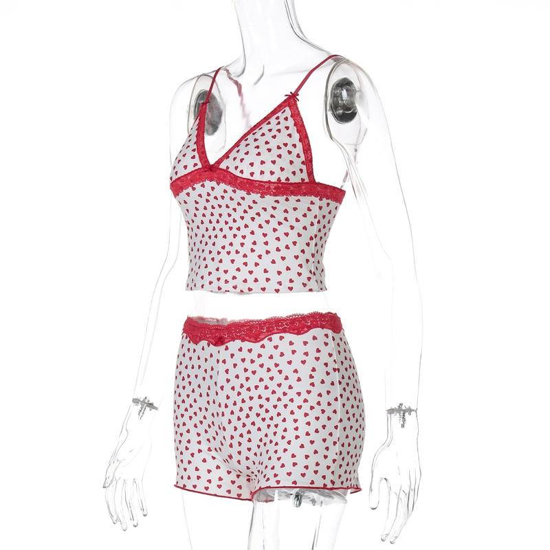 Women's Heart Print Contrast Lace Cami Top & Shorts Pyjama Set, Sexy Casual Comfy  Two-piece  Pj Set, Women's Sleepwear for Summer