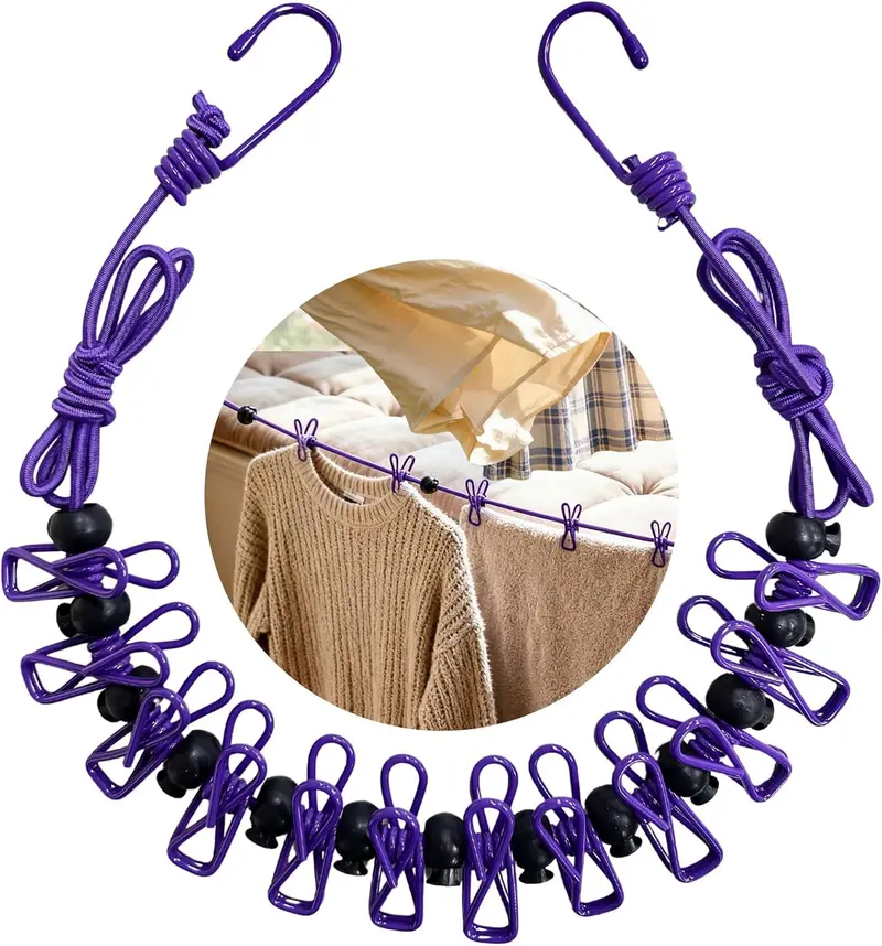 Stainless Steel Foldable Portable Travel Clothesline - 1.8m (5.9ft) Retractable Nylon Rope, 12 Adjustable Clips, Slip-Resistant Windproof Compact Fold Laundry Tool for Camping, Clothes Drying, Home Laundry Room Accessories