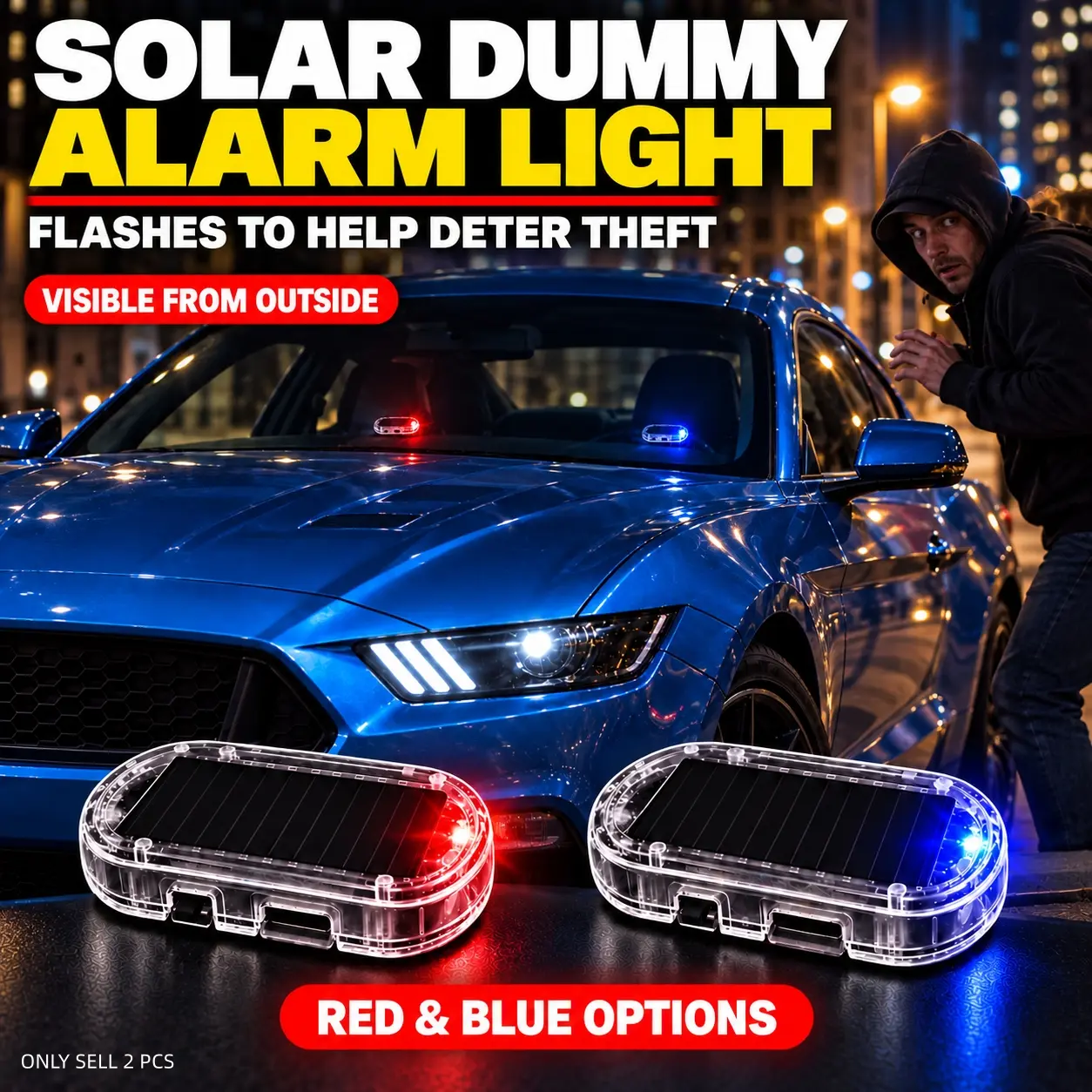 2PCS Solar Car Alarm Indicator Lights, Dummy Alarm Lamp, Flashing LED Simulated Security Warning Lamps, Auto Light Sensor, Transparent Shell, No Wiring or Alarm Sound