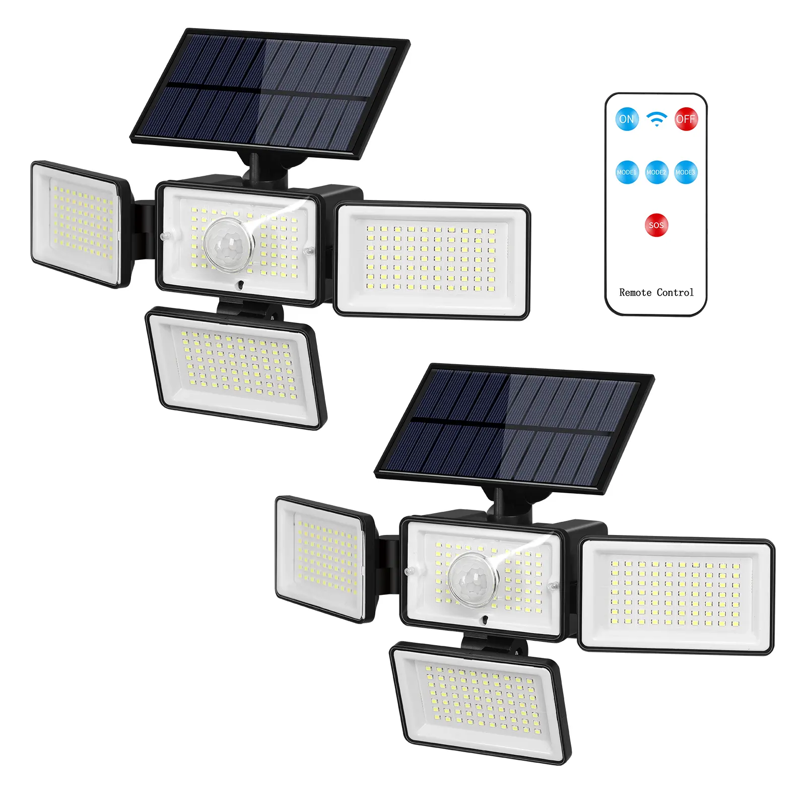 2-Pack IP65 Waterproof Solar Motion Sensor Lights Outdoor, 288 LED 2800LM 4-Head Flood Lights with Remote On/Off for Patio, Garage