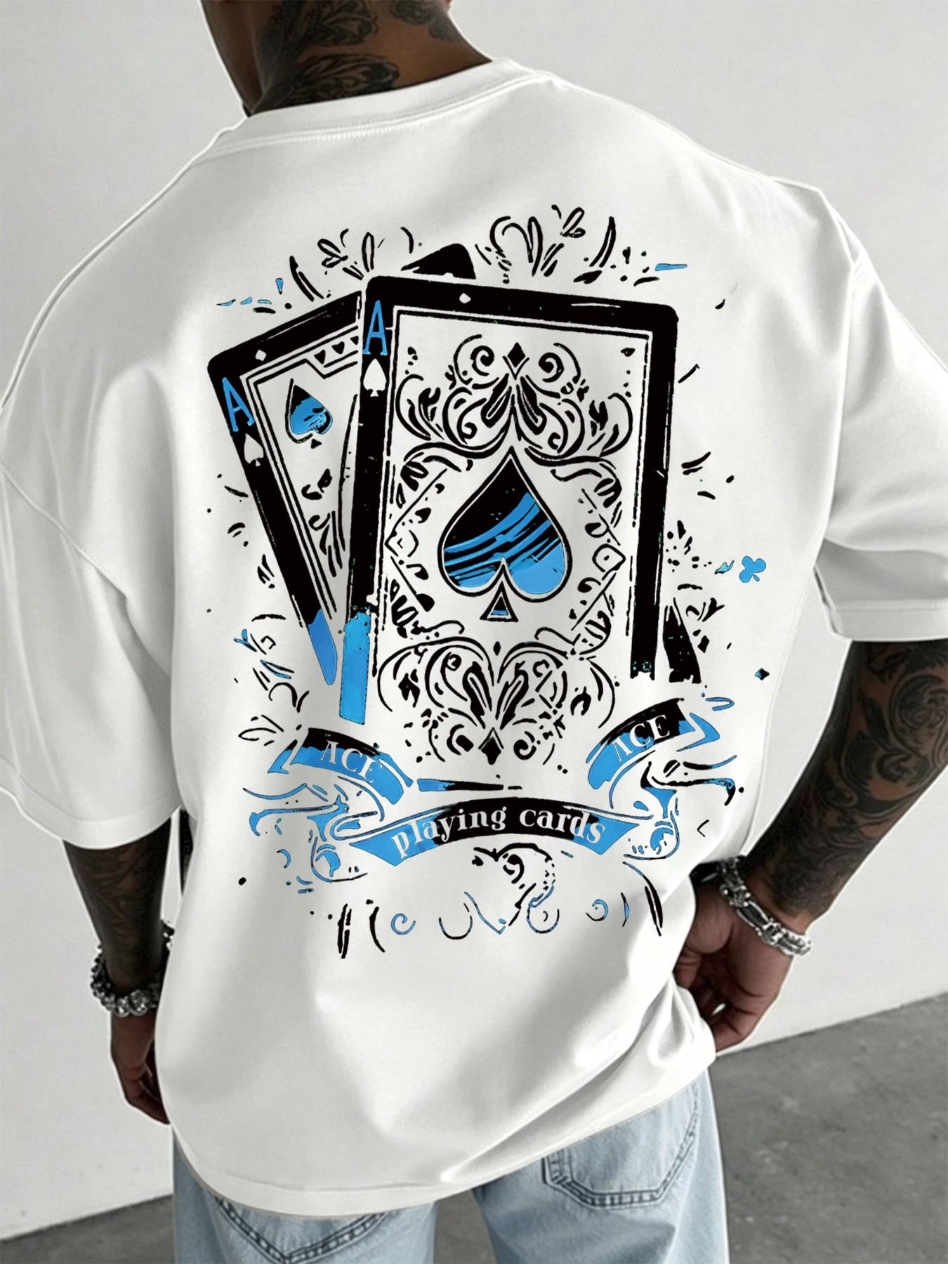 Men's Casual Short-Sleeve T-Shirt, Long Vintage Street Style Ace of Spades Playing Card Print, Loose and Versatile Top, Suitable for Hip-Hop Fashion, Streetwear and Daily Wear