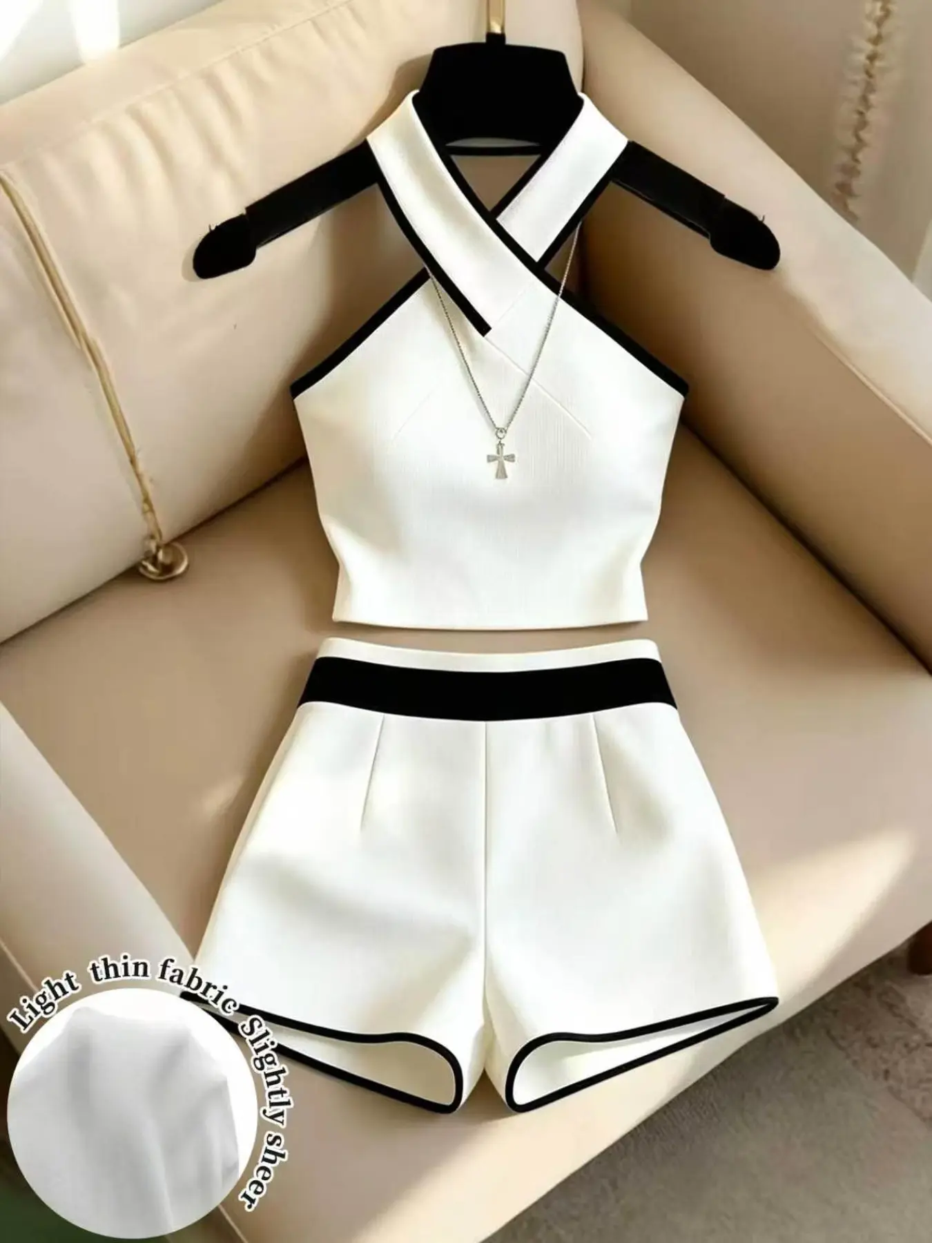 French Contrast Chic Style Halter Neck Cross-Strap Set, Sleeveless Backless Crop Top and High-Waist Wide-Leg Shorts for Women