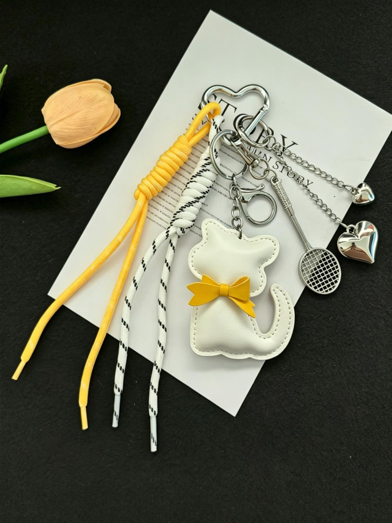 Miu Style Butterfly Knot Cat Keychain, Cute Heart Leopard Pattern Pendant, Casual All-Season Accessory for Bags and Backpacks