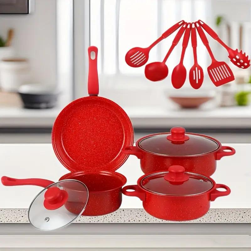 13-Piece Basilite Cookware Set - Durable Cast Iron Cookware with Glass Cover and Tools, Pink/Black, Stylish Kitchen Decor, Easy to Clean, Compatible with Multiple Stoves, Cooking Set