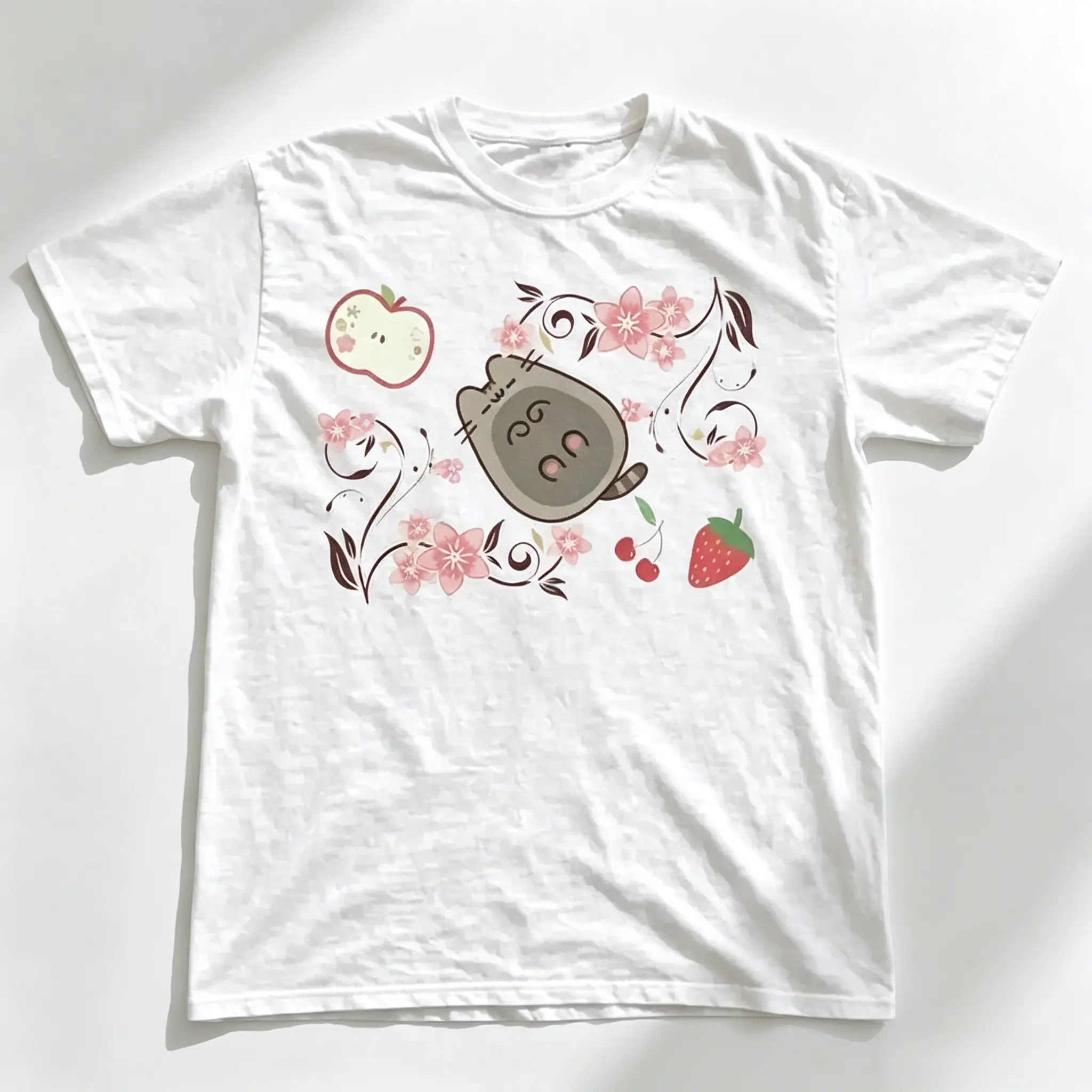 Vintage Pusheen Pink Cat T-Shirt, Cute Cherry Blossom Fruit Graphic Tee, Japanese Style Pastel Aesthetic Gift Shirt, Gildan Unisex Comfort Fit