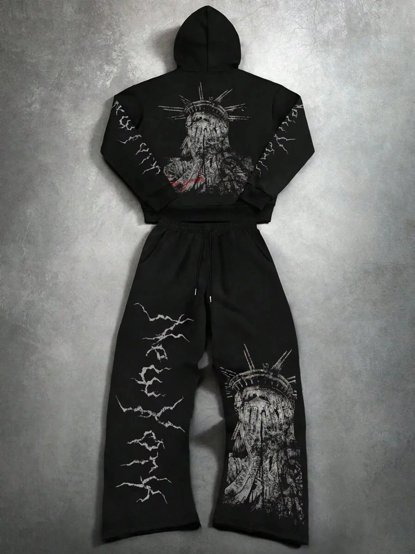 Men's Gothic Style Goddess Letter Print Hoodie Pants Set, Streetwear Casual Two-Piece, Loose-Fit Long Sleeve Regular Length, Casual Sweatsuit Set