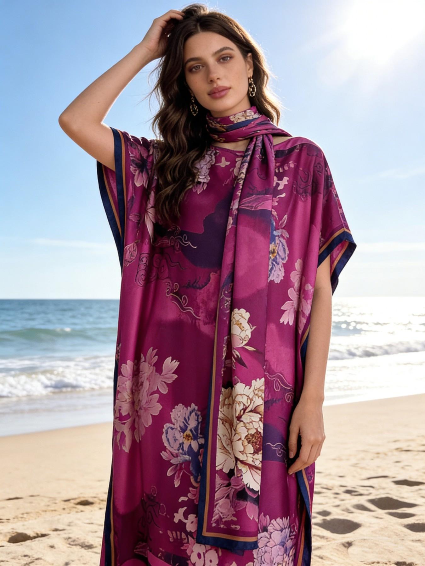 1dress+1scarf Viral Purple Floral Print Satin Kaftan Maxi Dress with Matching Scarf – Silky Loose Fit, Plus Size Friendly, Luxury Loungewear, Beach Cover Up & Evening Party Wear, Must-Have Resort Fashion Piece