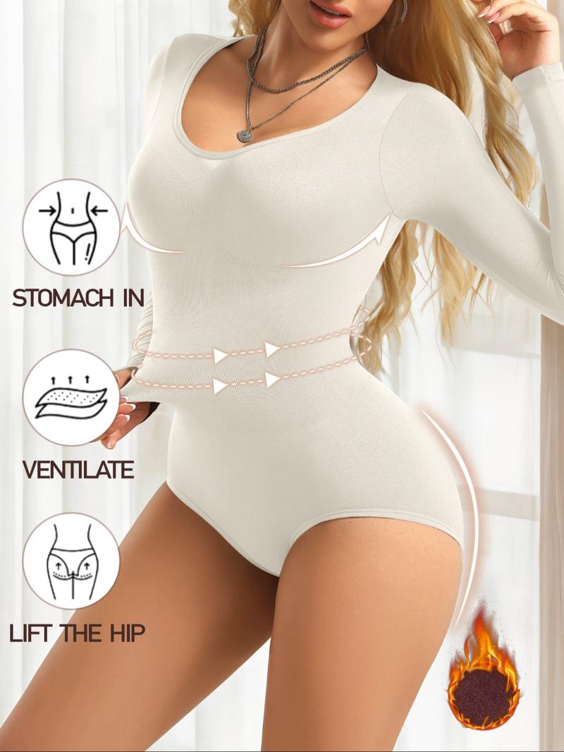 Women's Ribbed Abdomen Control Bodysuit, Long Sleeve Seamless T Shirt,Comfortable Scoop Neck Body Suit Stretchy Basic Tops, Fit Soft Elastic Fabric, Perfect For Daily Wear and  Going Out,Shapewear For Fall&Winter