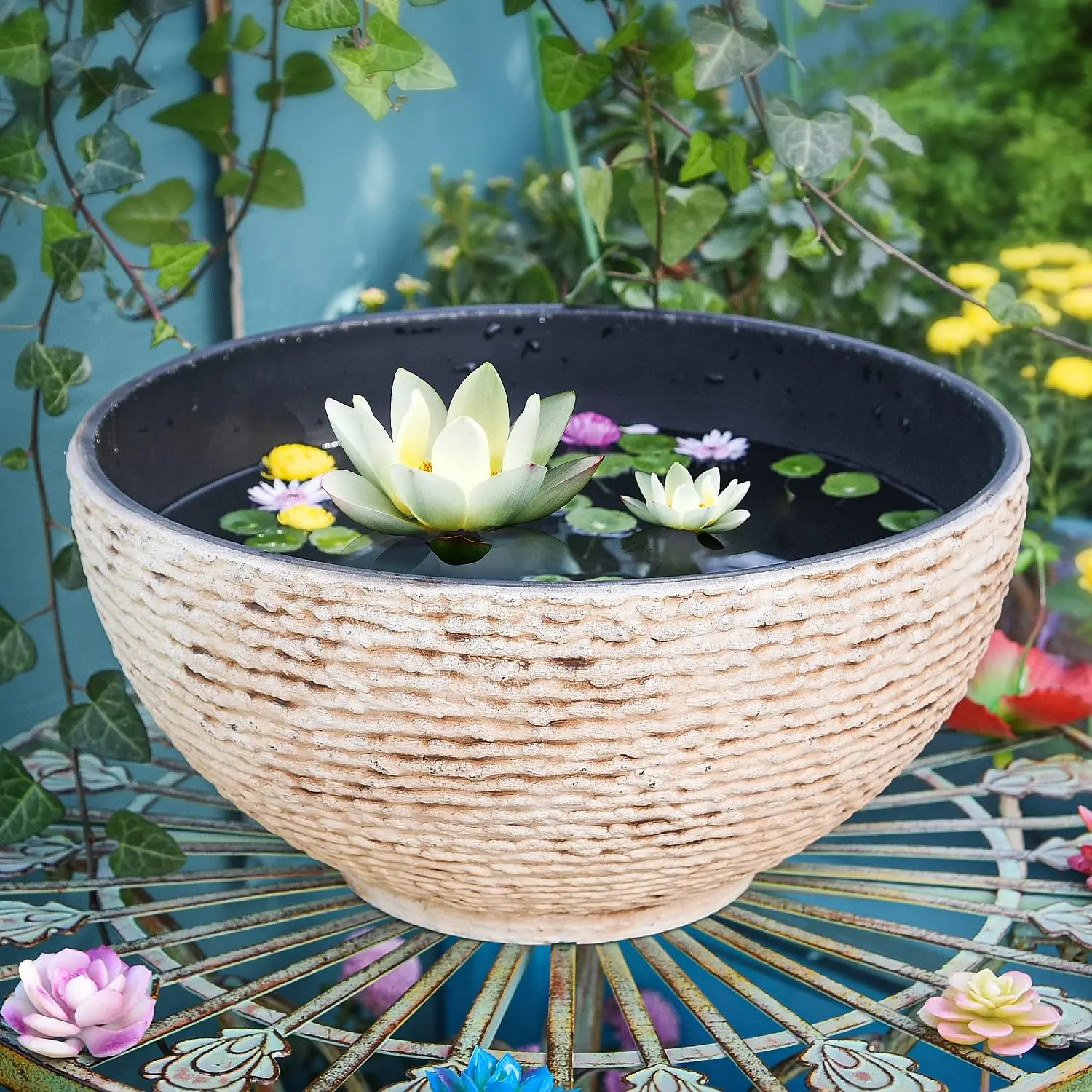 Large Garden Bowl Planter Water  Pot, Miniature Landscaping Succulent Planter, 15.6 Inch Marble Texture Water  Pots, Small Fountain Base Mini Fish Pond Bird Bath | Multi-use Water  Pot, Succulent Landscaping Bowl, Bird Bath & Mini Fish Pond Base