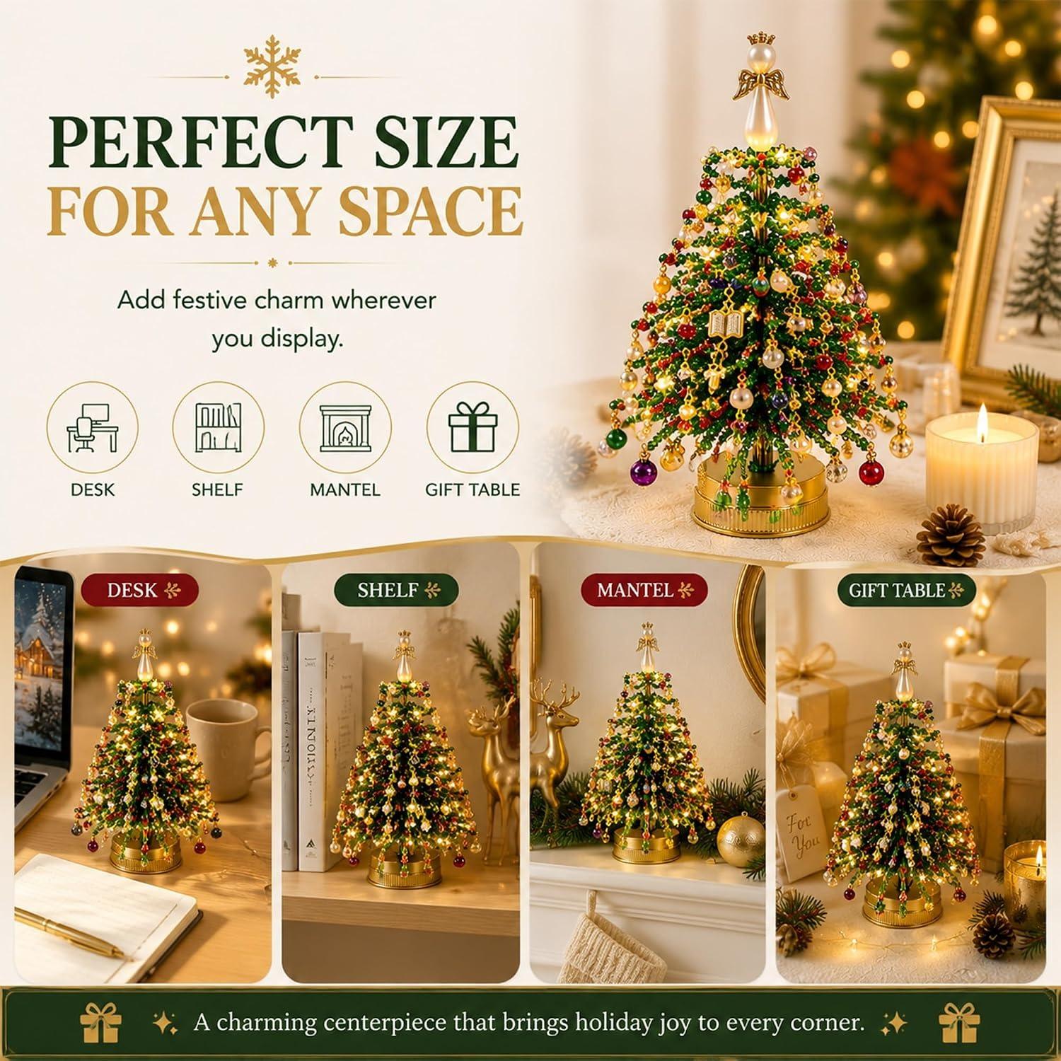 Mini Beaded Desktop Christmas Tree Craft Kit with Colorful Pearls, DIY Small Christmas Tree Decor, Home Office Holiday Centerpiece