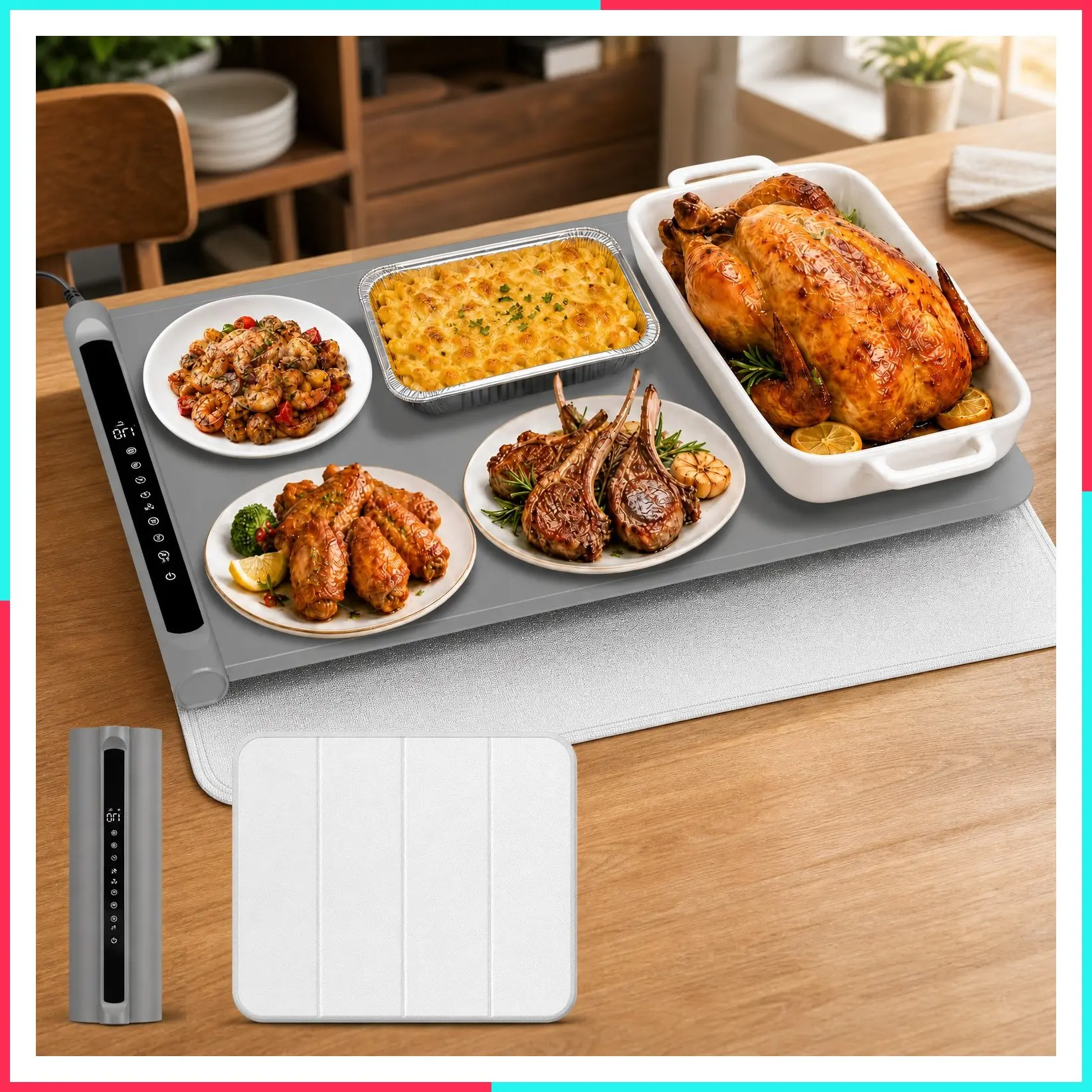 Electric Warming Tray for Food with Heat-Resistant Pad, Large, Grey