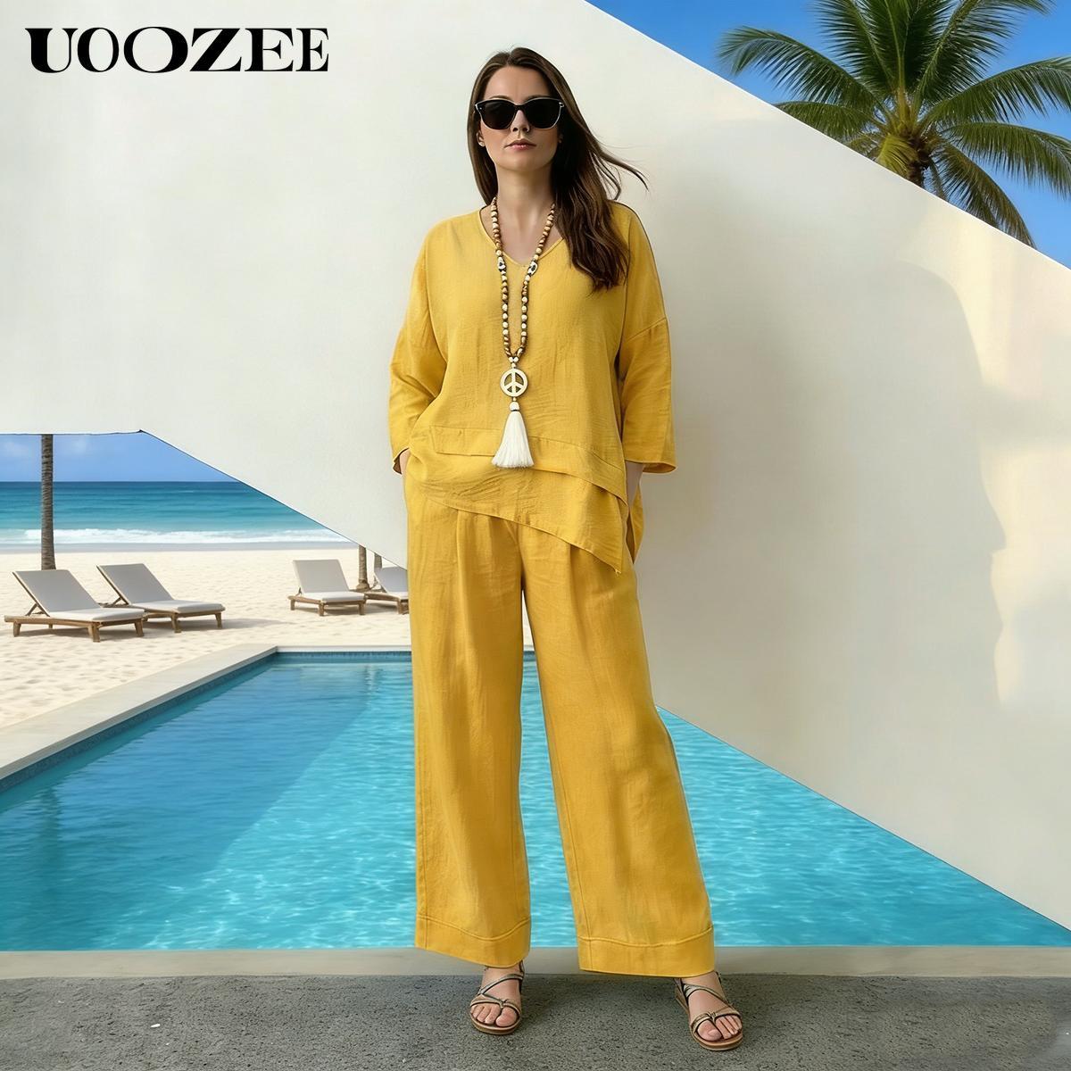 UOOZEE Women's Spring Summer Trend Look Loose Elastic Waistband with Pockets Wide Leg Pants & Oversized V-Neck Top Two-Piece Set, Spring Summer Casual/Work/Weekend Co-Ord for Women UOOZEE Women's Spring Summer Trend Look Loose Elastic Waistband with Pockets Wide Leg Pants & Oversized V-Neck Top Two-Piece Set, Spring Summer Casual/Work/Weekend Co-Ord for Women