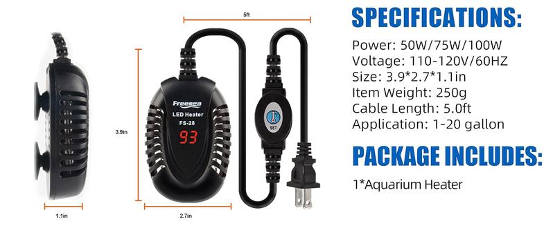 FREESEA Aquarium Fish Tank Heater: 50W Small Submersible Turtle Heater with Adjustable Temperature External Controller for Betta | Saltwater | Freshwater | 1-10 Gallon Small Betta Fish Tank Heater with Thermometer Mini Submersible Aquarium Heater