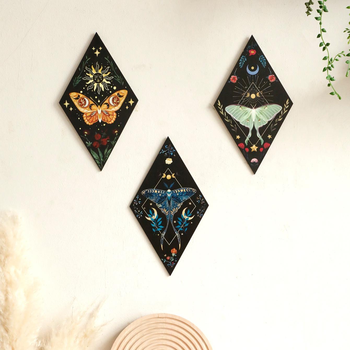 Wooden Butterfly & Moon & Star Pattern Wall Art, 3 Counts Boho Style Wall Decor, Wall Hanging Decor for Home Living Room Bedroom