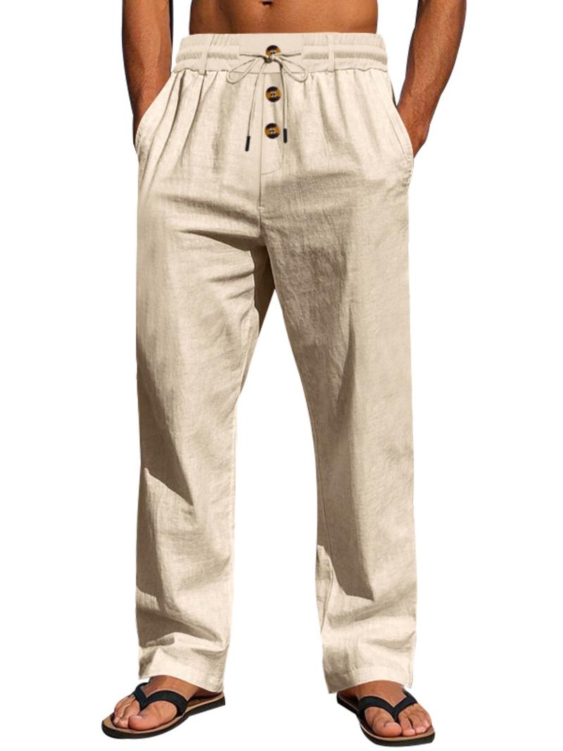 Men's Solid Button Design Linen Pants, Casual Comfy Breathable Trousers for Beach Vacation Holiday, Men's Bottoms for Summer Men's Solid Button Design Linen Pants, Casual Comfy Breathable Trousers for Beach Vacation Holiday, Men's Bottoms for Summer