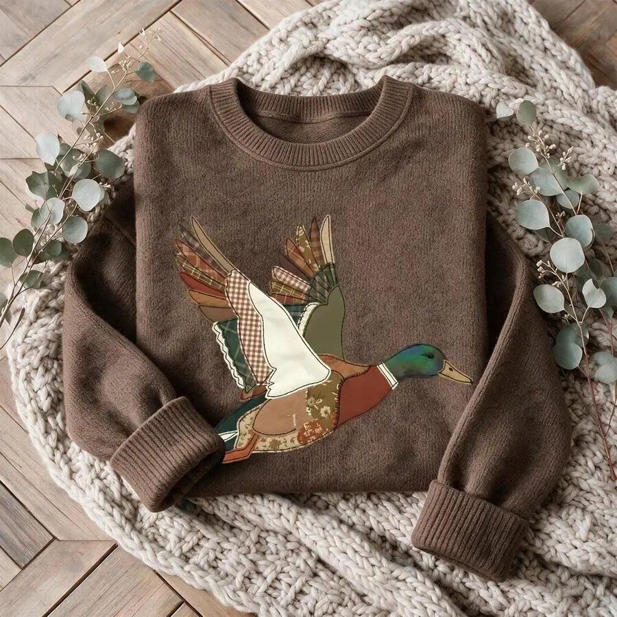 Women's Long-Sleeved Casual Top - Retro Duck Pattern Sweater - Patchwork Duck Design - Pattern Print - Comfortable And Warm Knitted-Like Sweater