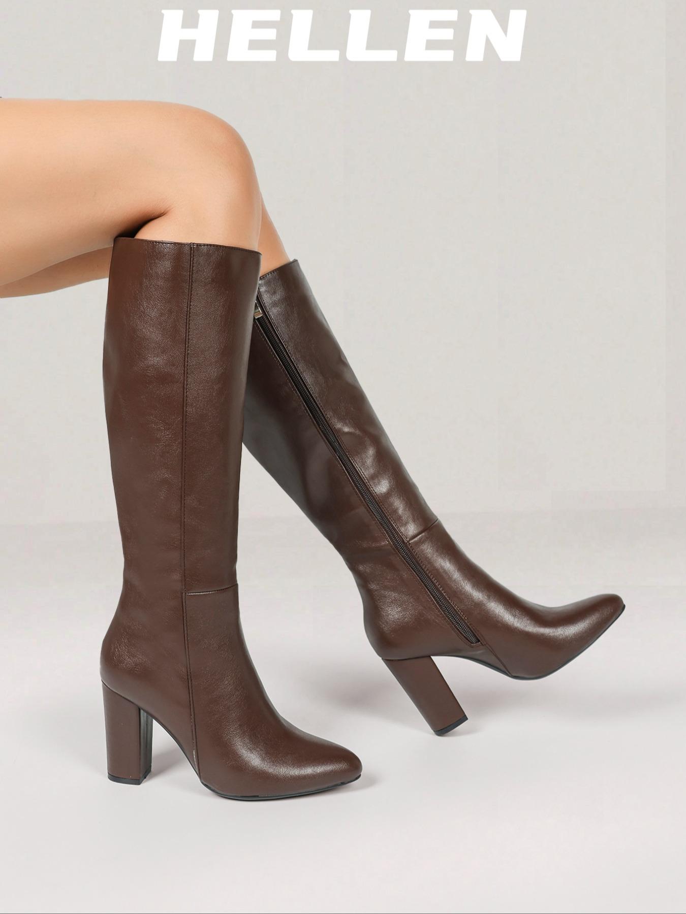 Women's Solid Color Knee High Heel, Elegant Pointed Toe for Fall & Winter, Pointy Toe Boots, Women's Shoes