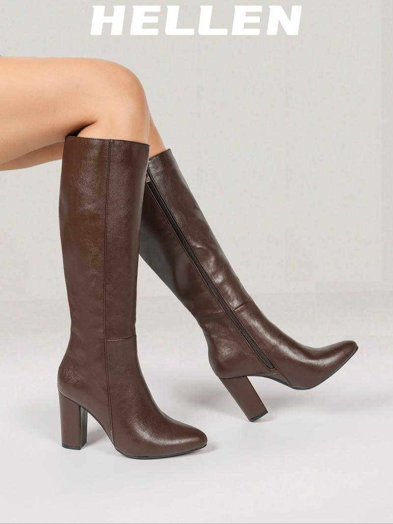 Women's Solid Color Knee High Heel, Elegant Pointed Toe for Fall & Winter, Pointy Toe Boots, Women's Shoes