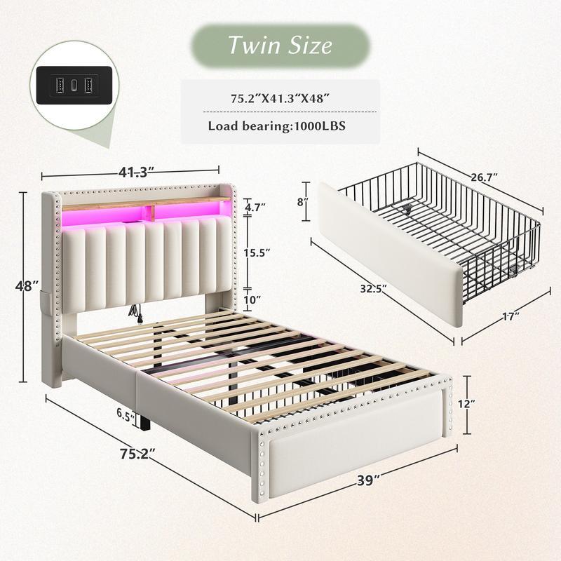 Luxury King/Queen/Full Bed Frame with Storage Shelf & 2 Drawers,NO MATTRESS, Upholstered Bed Frame with LED &Power Outlet, Holds 1000lbs, No Noise, Metal Frame & Wood Slats