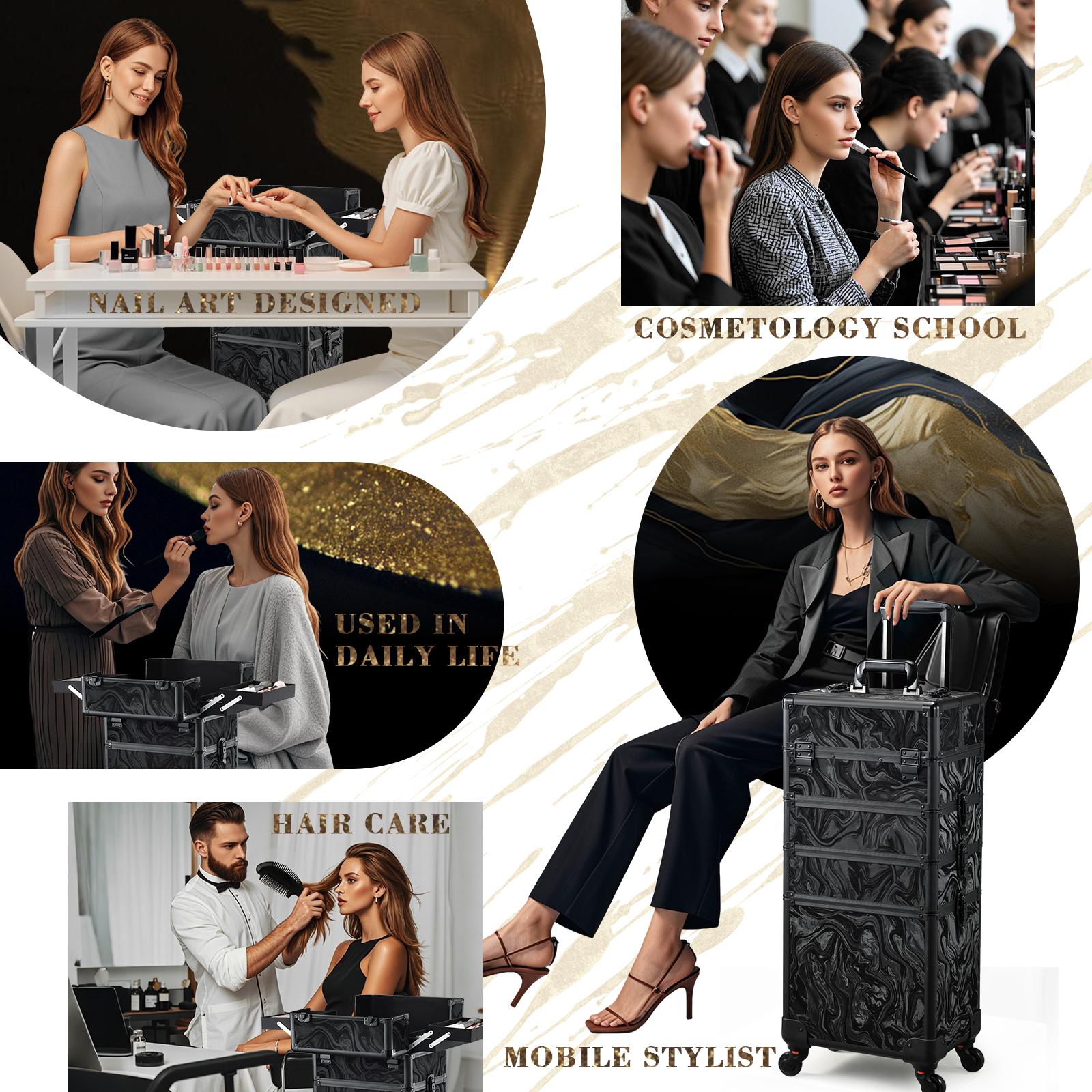 Joligrace 4 in 1 Rolling Makeup Train Case Large Cosmetic Trolley Box with Key Swivel Wheels Salon Barber Case