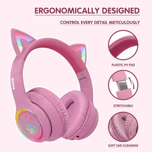 MOKATA  2026 new children's earphones, cute cat ear design + colorful lights!45-Hour long-life Bluetooth headset, headset design with soft ear pads, no pain even if worn for a long time - safe children's headset kid Cat-Ear Wireless Stereo Headphones