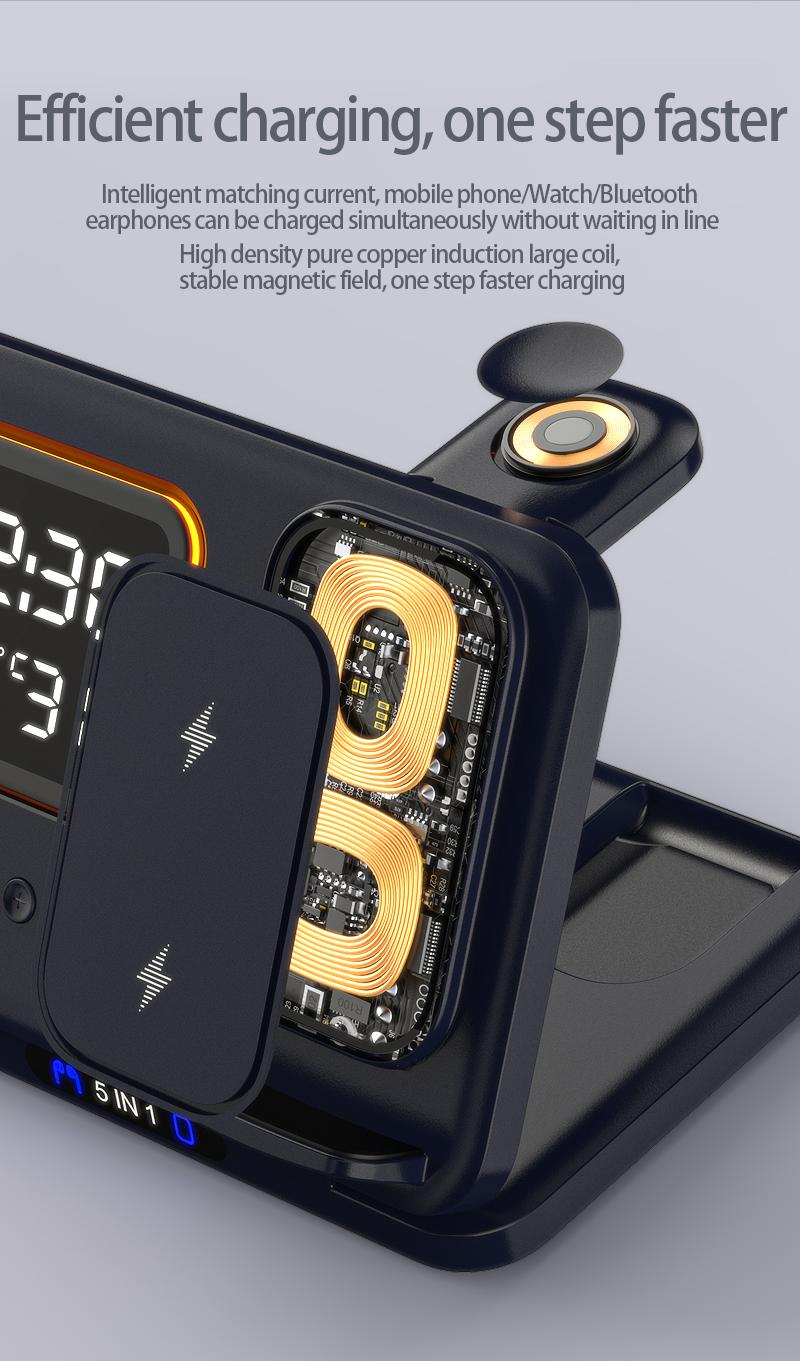 Wireless charger with three in one and three levels dimming  multifunctional clock and night light  foldable for use with Apple phone watch stand and base