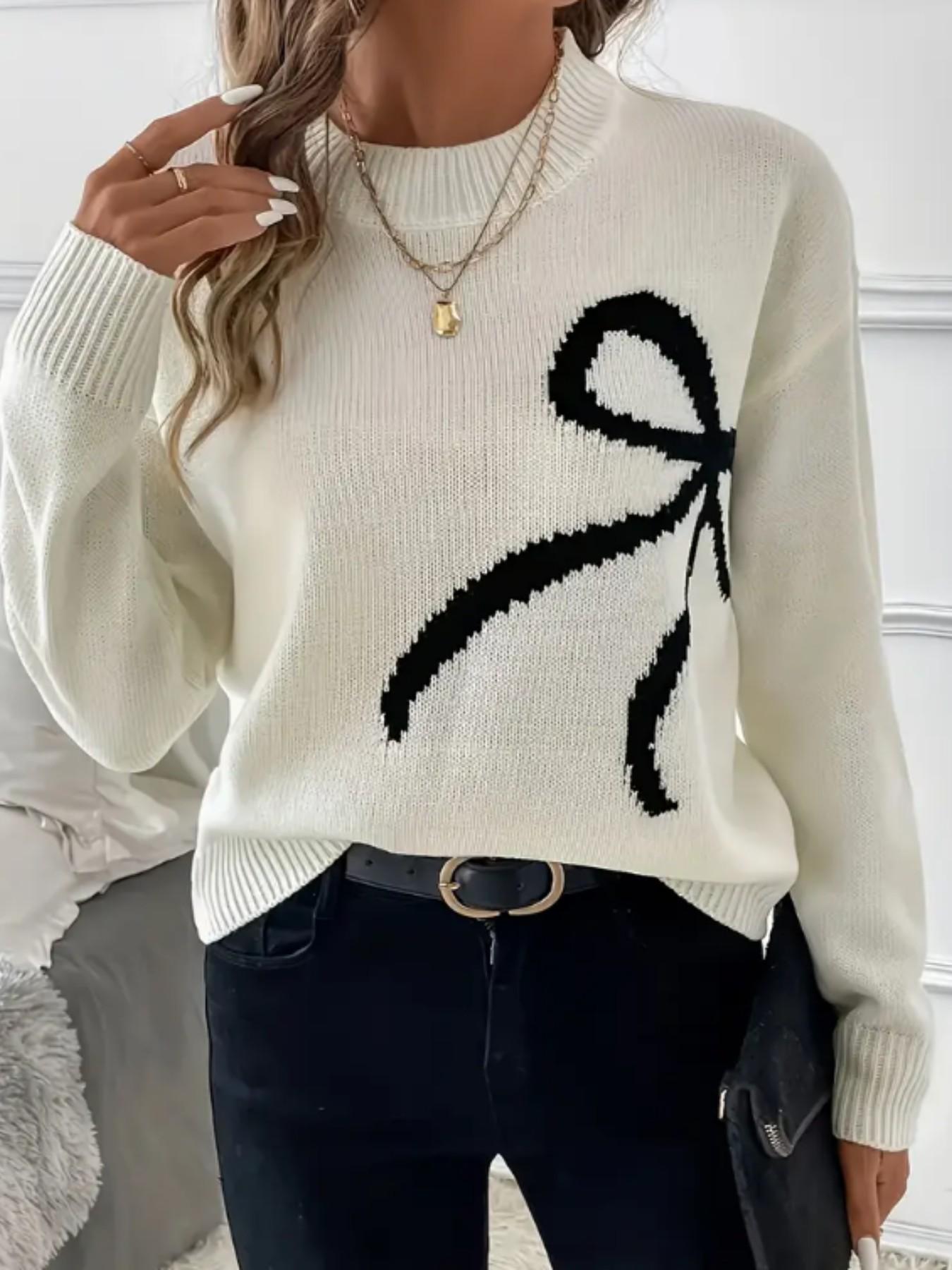 Women Bow Pattern Crew Neck Knit Sweater, Long Sleeve Loose Drop Shoulder Cropped Pullover, Coquette Aesthetic Fall Casual Tops