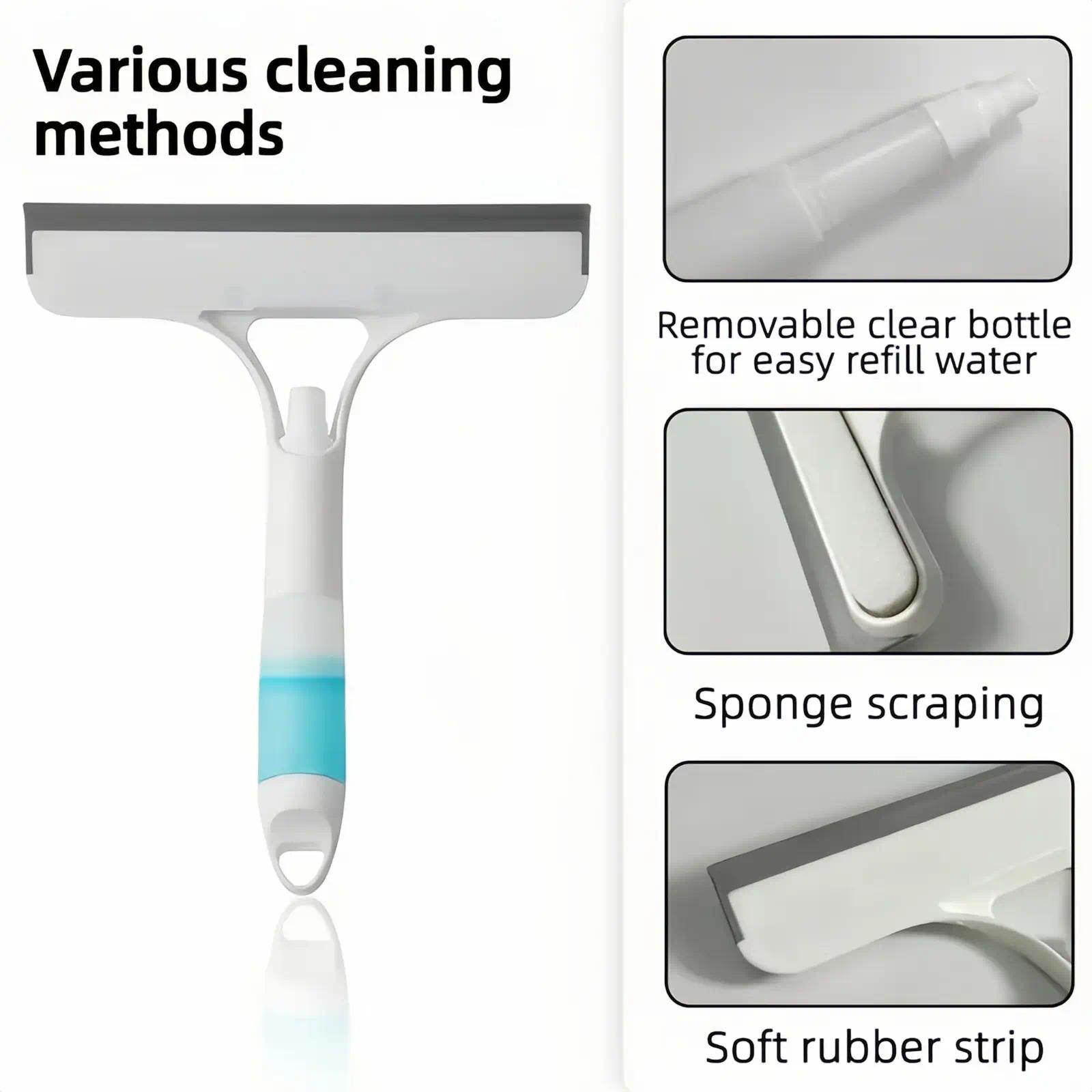 3 in 1 Window Cleaning Scraper, Squeegee and Scrubber with Spray, Multifunctional Household Cleaning Tool, Car Windshield Cleaner,Lightweight Silicone Microfiber Wipe