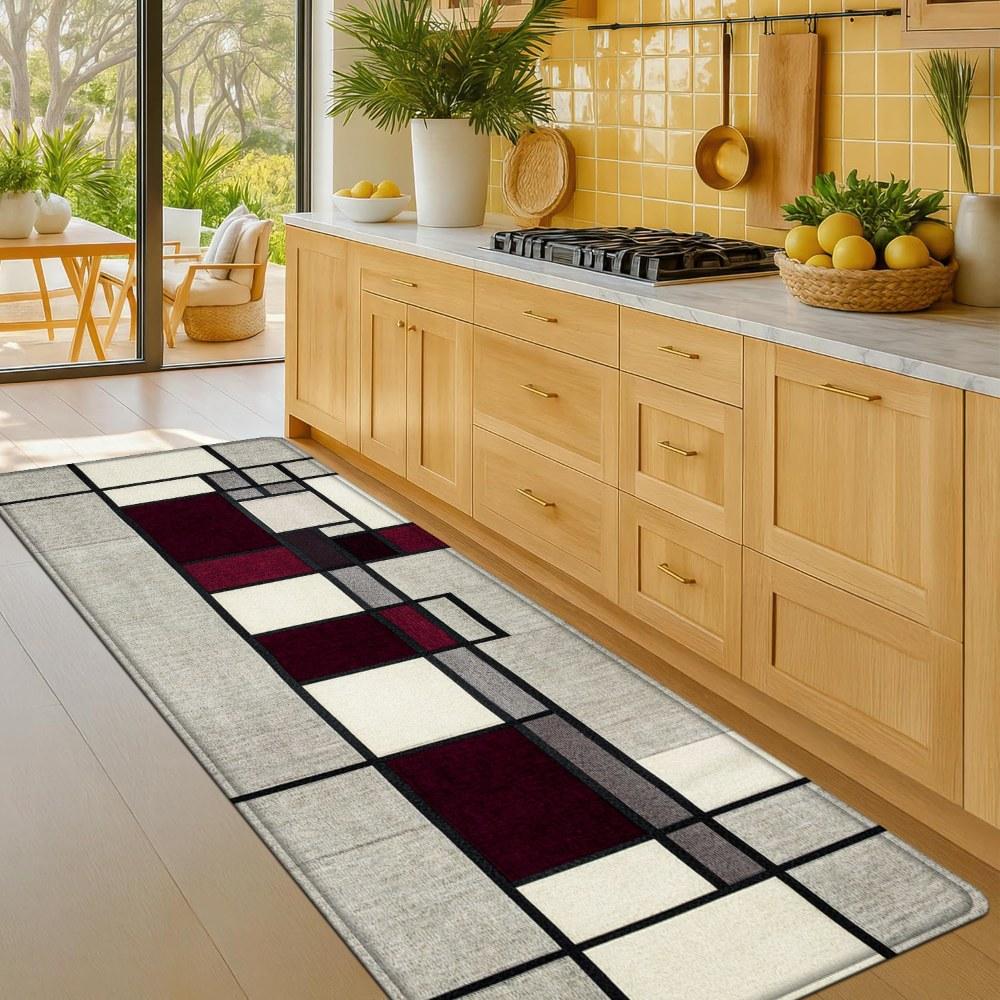 1PC， Black Red Gray Geometric Splicing Patterned strip rugs, home décor, bathroom mats, entryway mats, bathroom non-slip mats, indoor entrance rugs, bedroom bedside mats, kitchen mats, hallway rugs, flannel sponge rugs, hallway runner rugs