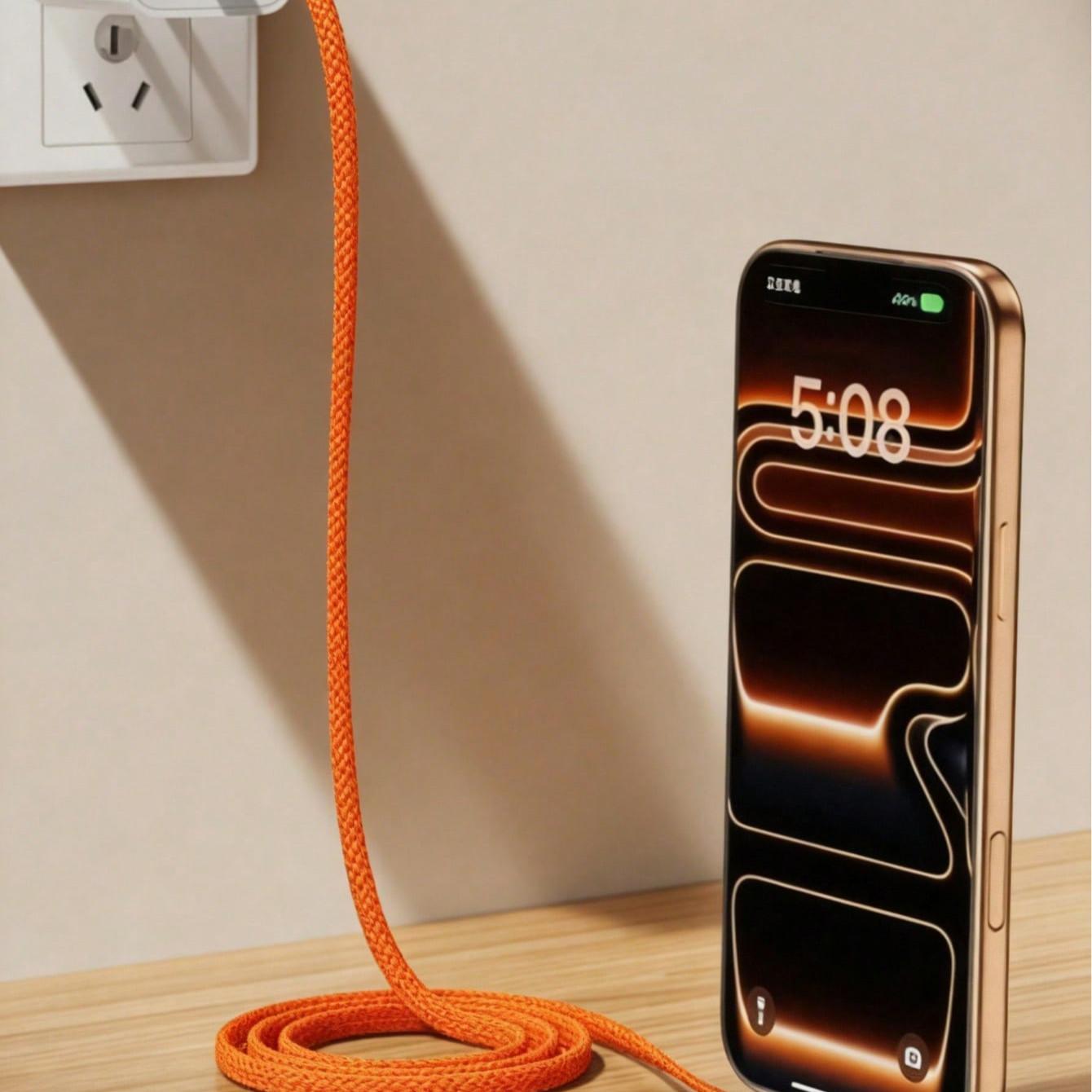 240W (Max) Orange Fast Charging Braided Data Cable, 2026 Latest Orange Stand Data Cable, featuring nylon braided material, supporting fast charging, with integrated phone stand, T-shaped foldable design, USB-C to Type-C interface. Compatible with iPhone 1