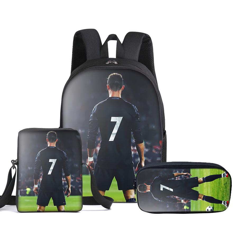 CR7 Football pattern printed 16-inch backpack three-piece set (single-layer backpack + small shoulder bag + single-layer pencil bag)