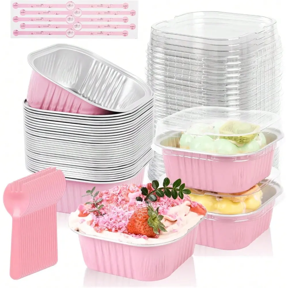 25-Pack 5 Oz Pink Aluminum Foil Square Bakeware Sets - Single-Serve Cake Pans with Transparent Covers & Spoons for Mini Desserts (Cheesecakes, Brownies, Custard)