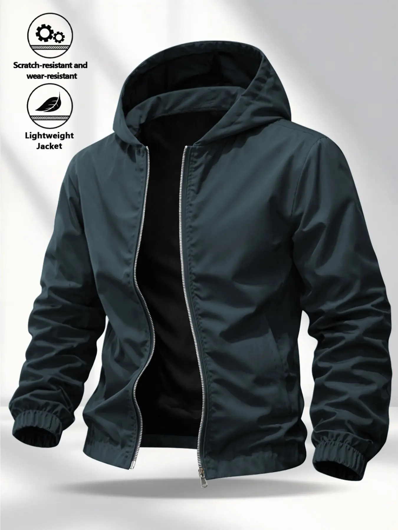 Men's Plain Hooded Sport Jacket, Casual Fitted Design, All Seasons Wear, Full Zipper, Side Pockets, Elastic Wrist, Ideal for Running, Commuting, Outdoor Activities