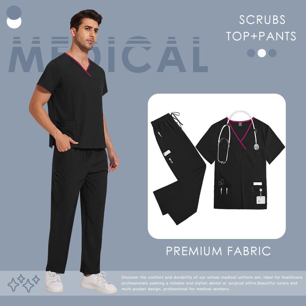 Women's Solid V-Neck 2-Piece Scrubs Set - Short Sleeve V-Neck Top & Pants, Standard Fit Women's Clothes for All Seasons, Medical Dental Workwear (Menswear Compatible)