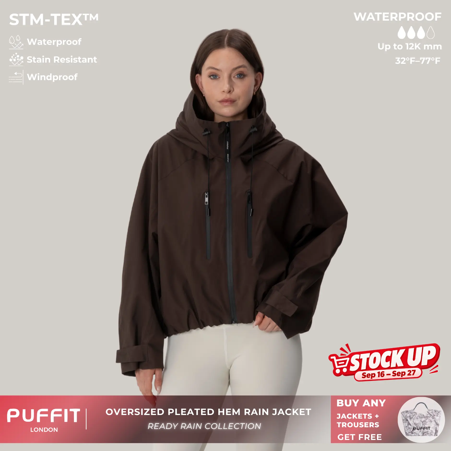 【Restocked】PUFFIT STM-TEX Short One-Size Rain Jacket With Pleated Hem,Hooded Jacket,Waterproof Jacket,Women Jacket,Wide-Brim Hood,Adjustable Cuffs,Zips,Outdoor Sport,Windbreaker,Fall,Winter,Dog Walking,School Running,Stylish,Womenswear,2026 Shopping