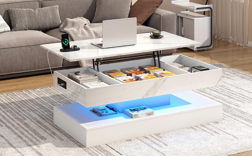 47.2" Large Lift Top Coffee Table with Charging Station, LED Modern High Glossy Center Table with Hidden Compartment Storage, White Lift Living Room Tables with Marbling Print 47.2" Large Lift Top Coffee Table with Charging Station, LED Modern High Glossy Center Table with Hidden Compartment Storage, White Lift Living Room Tables with Marbling Print