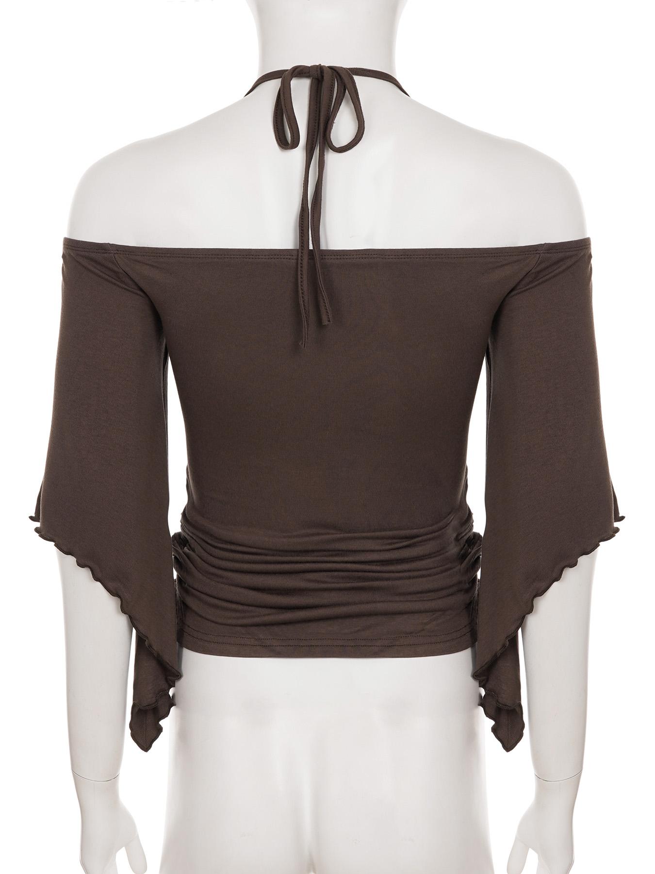 Women's Y2K Style Halter Top with Ring Decoration, Flowy Bell Sleeve, Casual Elegant Classy Retro Slim-Fitting T-Shirt for Dates and Parties
