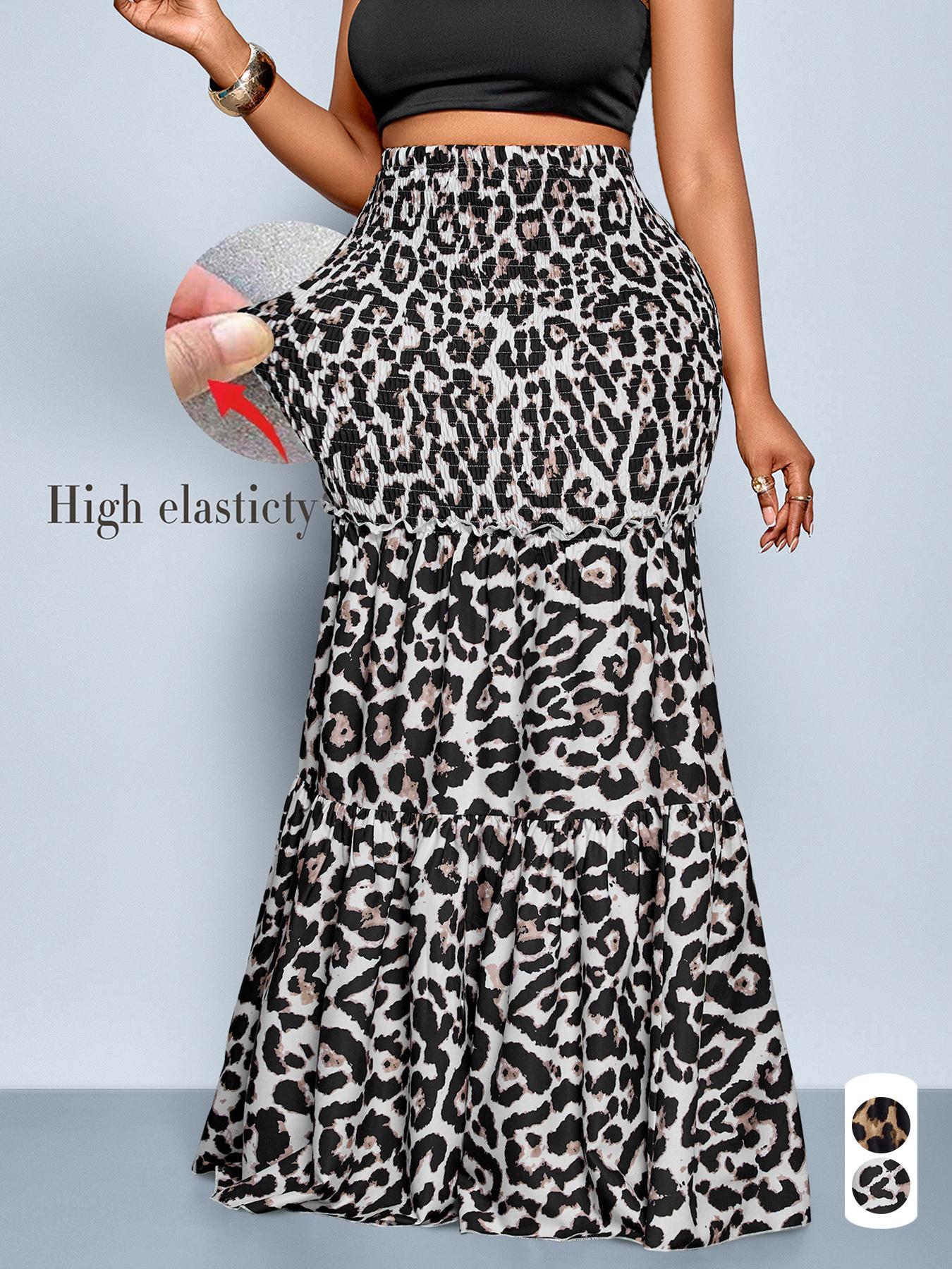 Plus Size Christmas Women's Clothing Elegant Leopard Print High Waist Long Skirt, Plus Size Women's Fall Fashion, Fitted Woven Fabric, Modest Style, Womenswear, Bottom