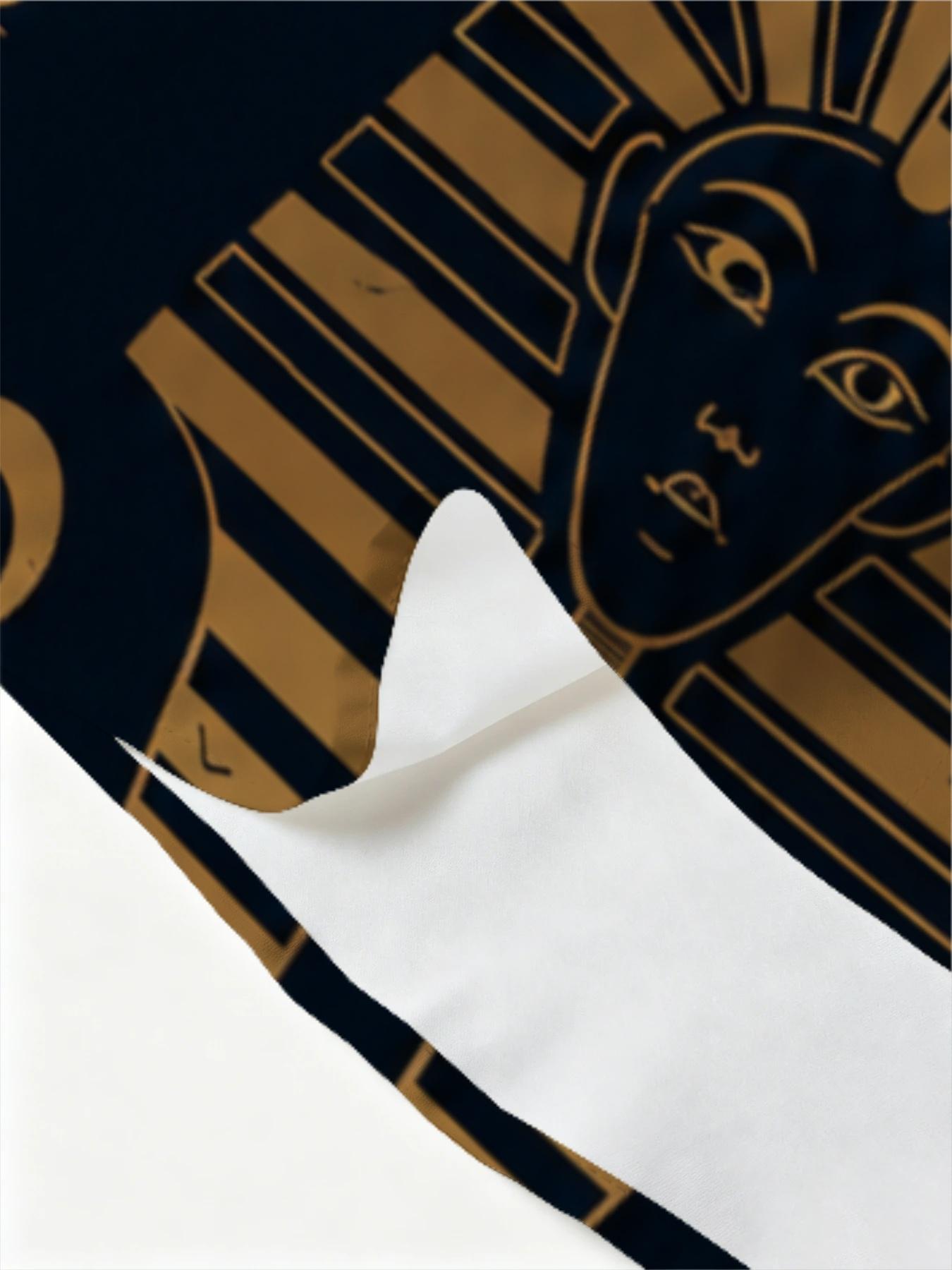 Men's Egyptian Pharaoh Totem Long Sleeve Shirt, Dark Blue Base with Gold Printing, Fashion Casual Loose Lapel Top, Retro Exotic Pattern Design, Daily Commuting Versatile Style Suitable for leisure and sports scenarios