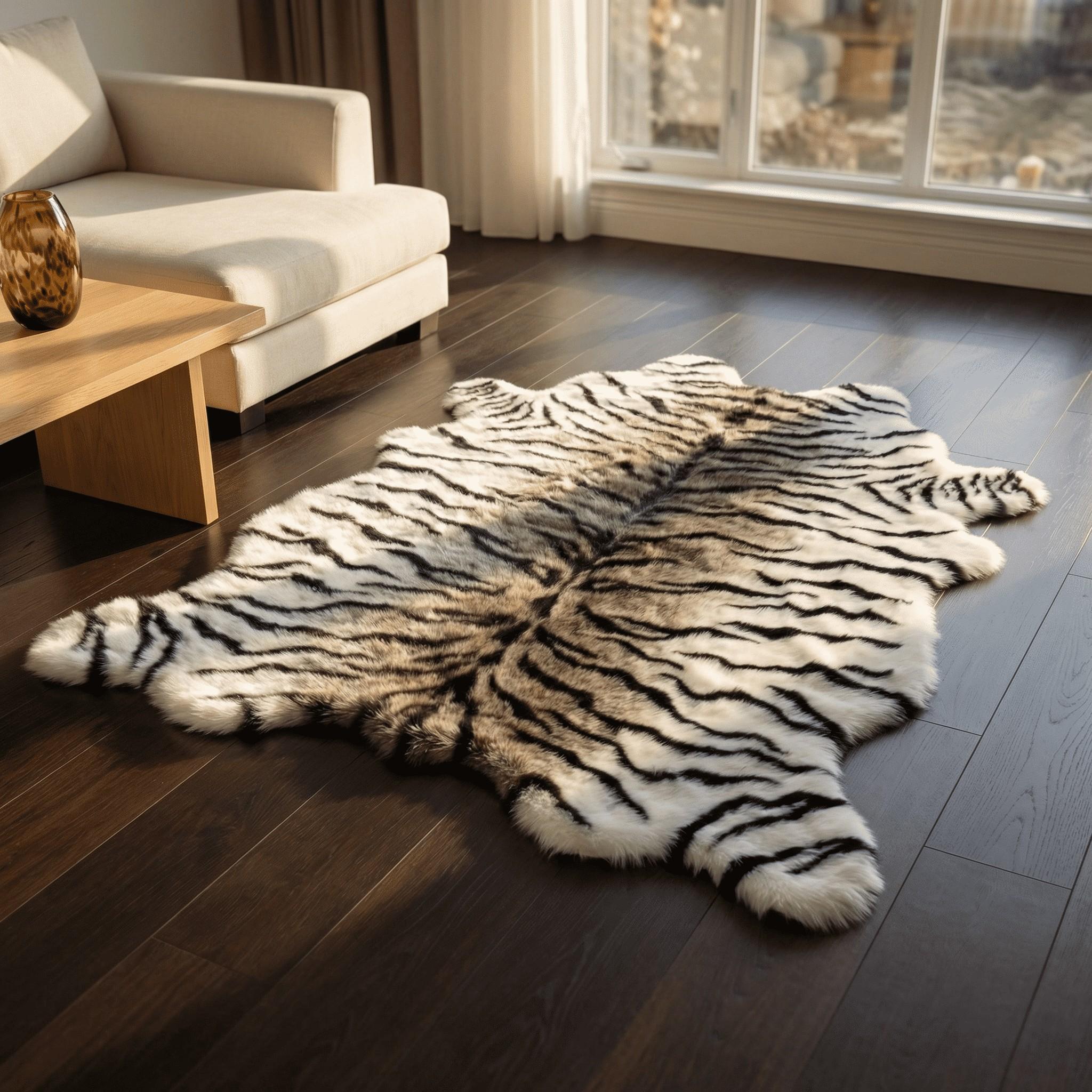 Luxurious Tiger Print Plush Rug, Animal Print Rug, Tiger Pattern Design, Soft Comfortable Bedroom Bedside Decorative Mat, Sofa Side Accent Pad, Home Decor Rugs, Non-Toxic Ca Prop 65 Compliant