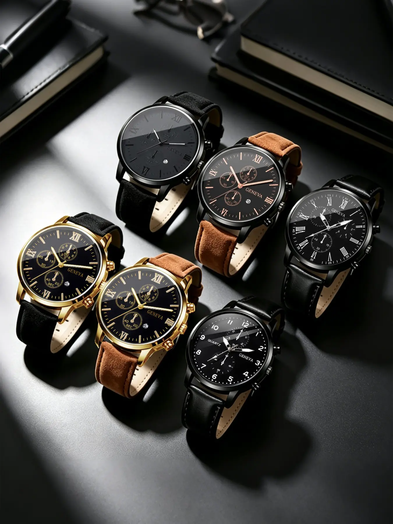 6-Piece Casual Men's PU Leather Watch Set, Elegant Analog-Digital Design, Perfect Gift for Father's Day, Halloween, Christmas, Birthdays