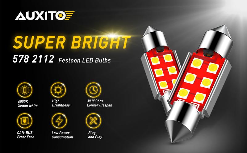 AUXITO 578 LED Bulb 41mm 42mm 212-2 211-2 578 Festoon LED Bulbs CANBUS Error Free 6-SMD 3030 Chipsets 6000K Xenon White Replacement for Car Interior Map Dome Courtesy License Plate Lights (Pack of 4)