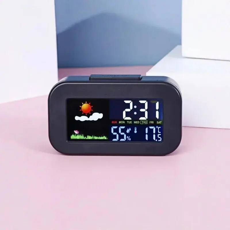 Mini Weather Forecast Digital Alarm Clock with Backlight Temperature Humidity Week Display Electronic LED Clock for Living Room