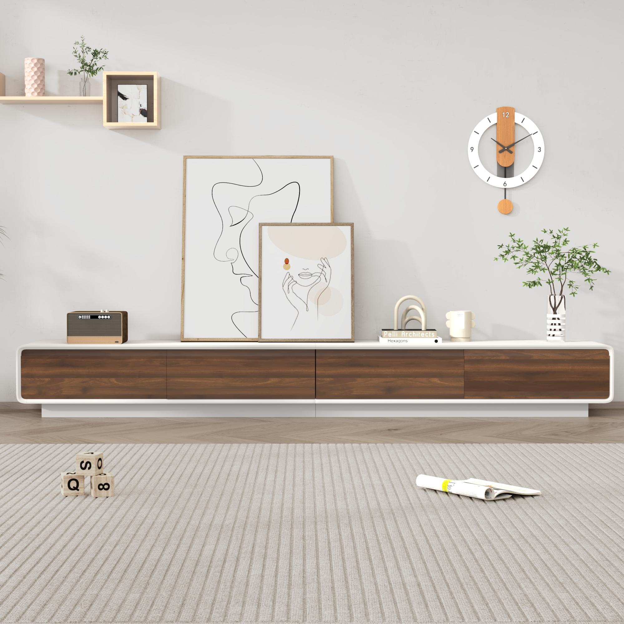 94.5" Minimalist Floating TV Stand for TVs up to 100 Inches, Modern Wall Mounted Media Console with 2 Drawers, Entertainment Center for Living Room, Black & Walnut/White & Walnut 94.5" Minimalist Floating TV Stand for TVs up to 100 Inches, Modern Wall Mounted Media Console with 2 Drawers, Entertainment Center for Living Room, Black & Walnut/White & Walnut